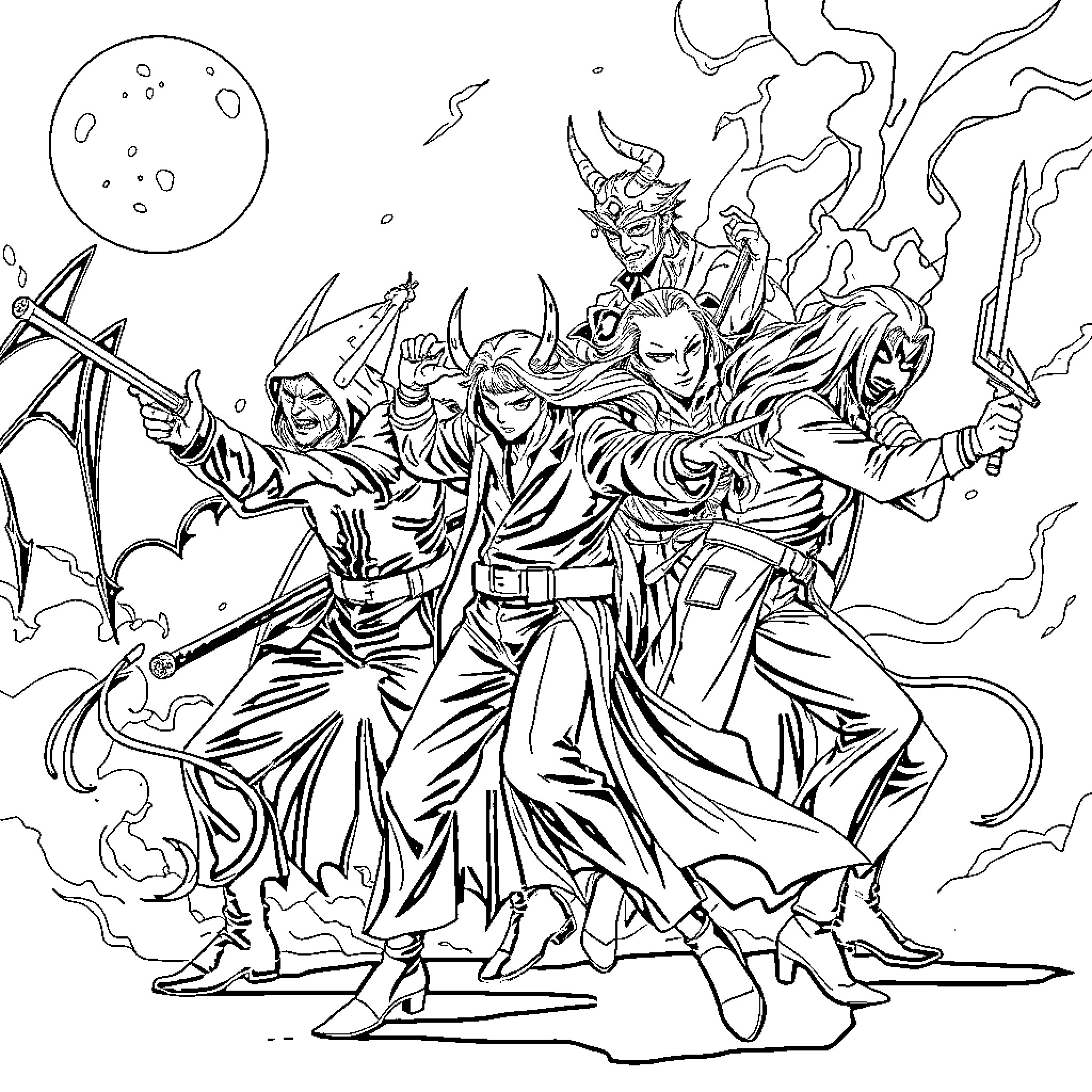 Demon Hunter Battles Fierce Demonic Forces Coloring Page (free black-and-white line drawing printable PDF for all, from beginners to advanced learners, including children, teens, adults, and seniors)