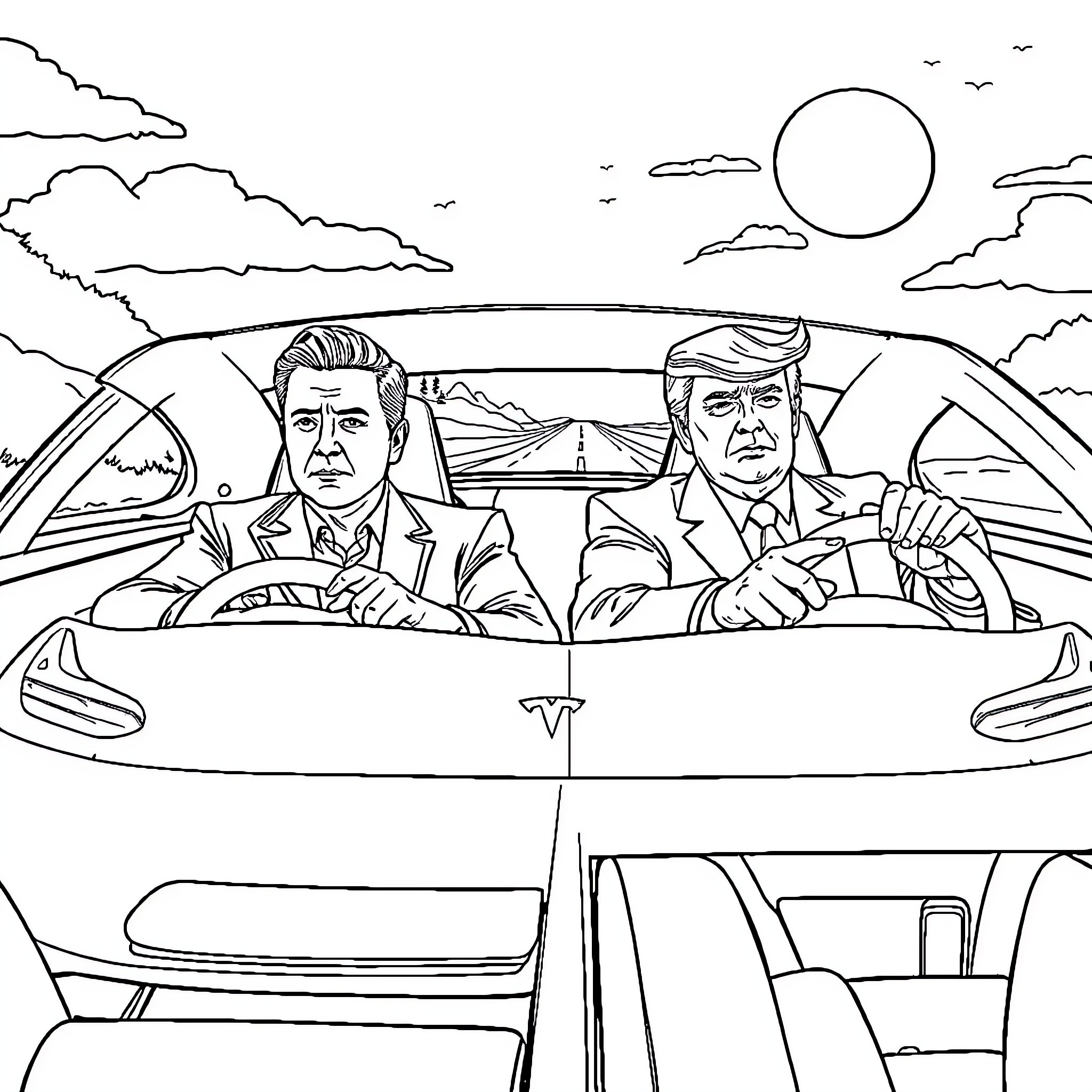 Tesla executives driving in futuristic electric car Coloring Page (free black-and-white line drawing printable PDF for all, from beginners to advanced learners, including children, teens, adults, and seniors)