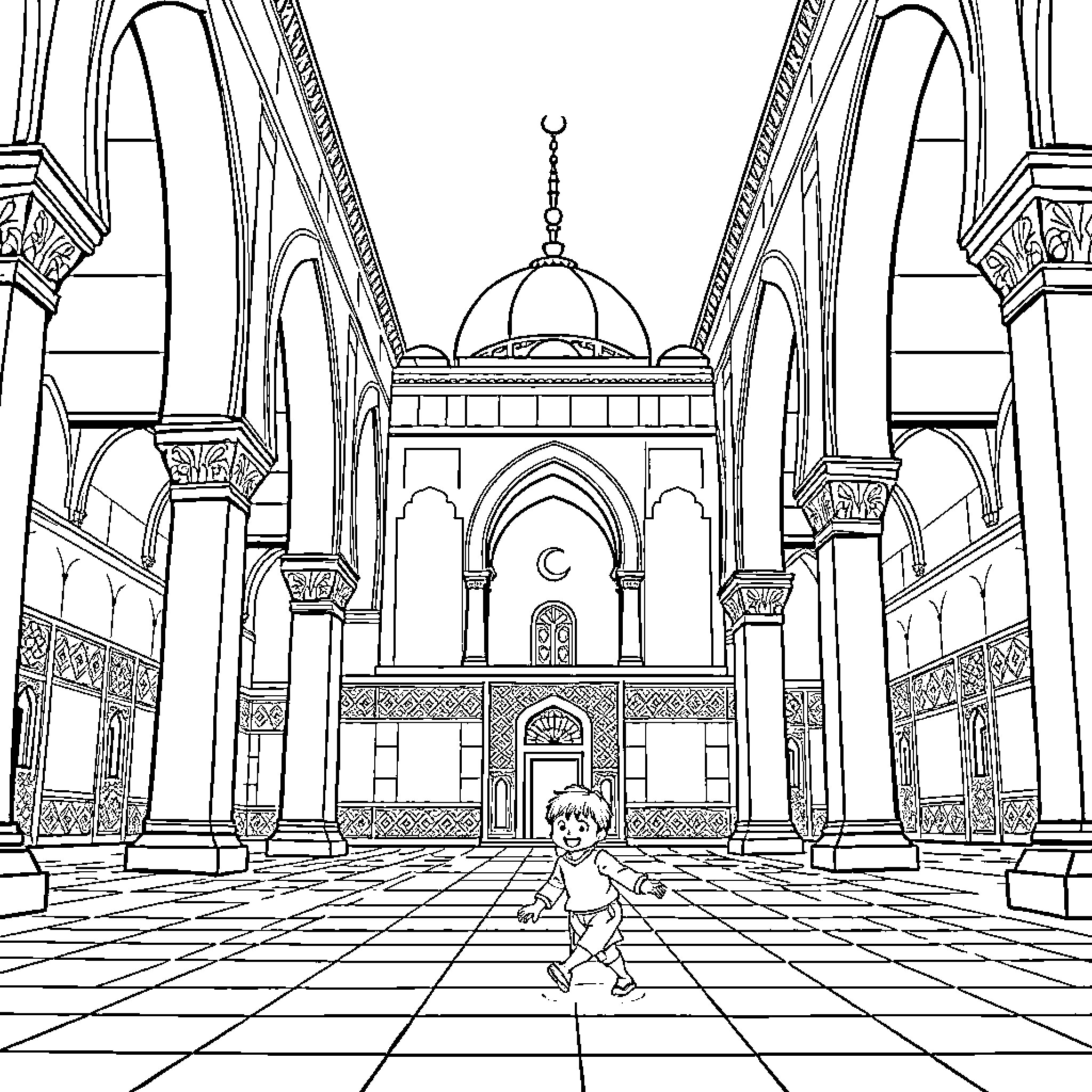 Child exploring ornate Islamic architecture Coloring Page (free black-and-white line drawing printable PDF for all, from beginners to advanced learners, including children, teens, adults, and seniors)