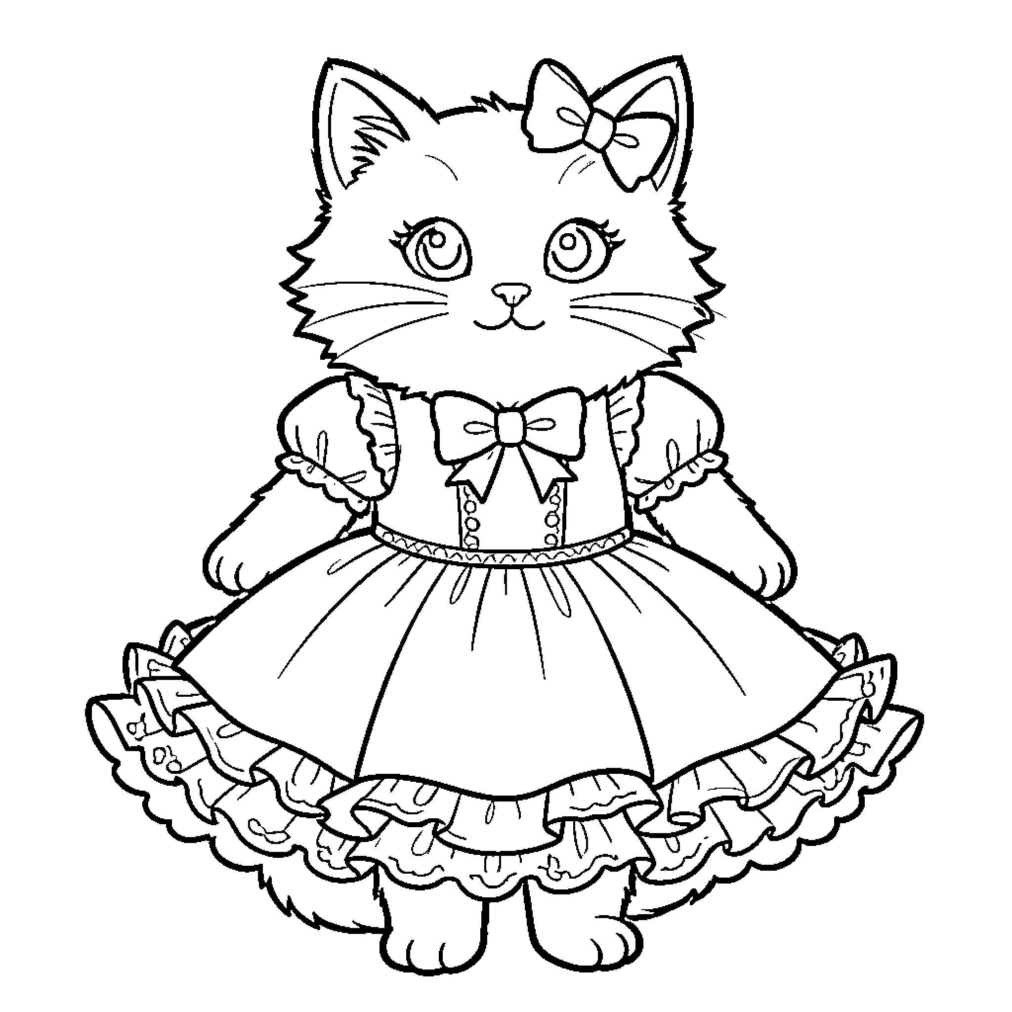 Cat in Fancy Dress Coloring Page (free black-and-white line drawing printable PDF for all, from beginners to advanced learners, including children, teens, adults, and seniors)