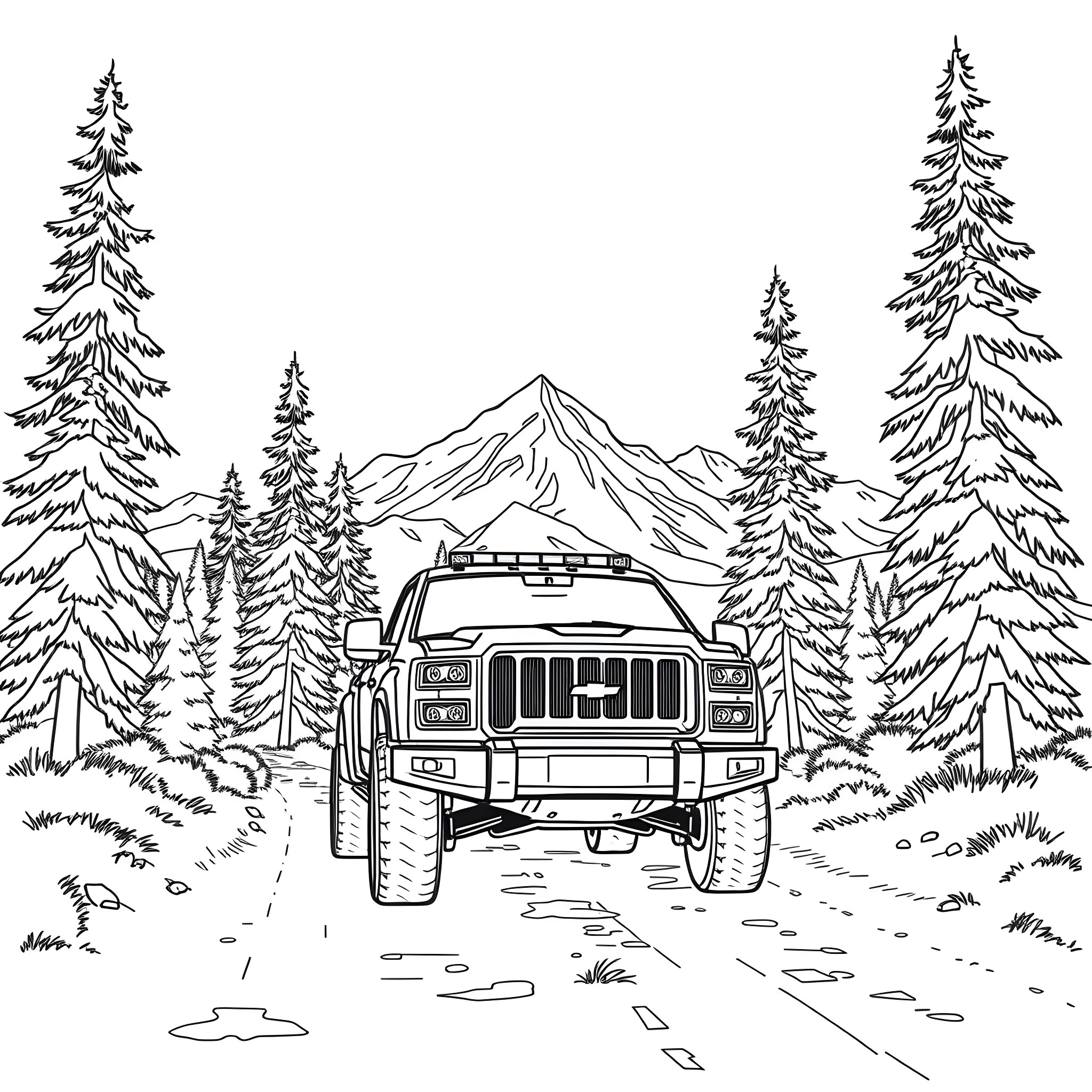 Pick Up Truck Driving Through Snowy Forest Coloring Page (free black-and-white line drawing printable PDF for all, from beginners to advanced learners, including children, teens, adults, and seniors)