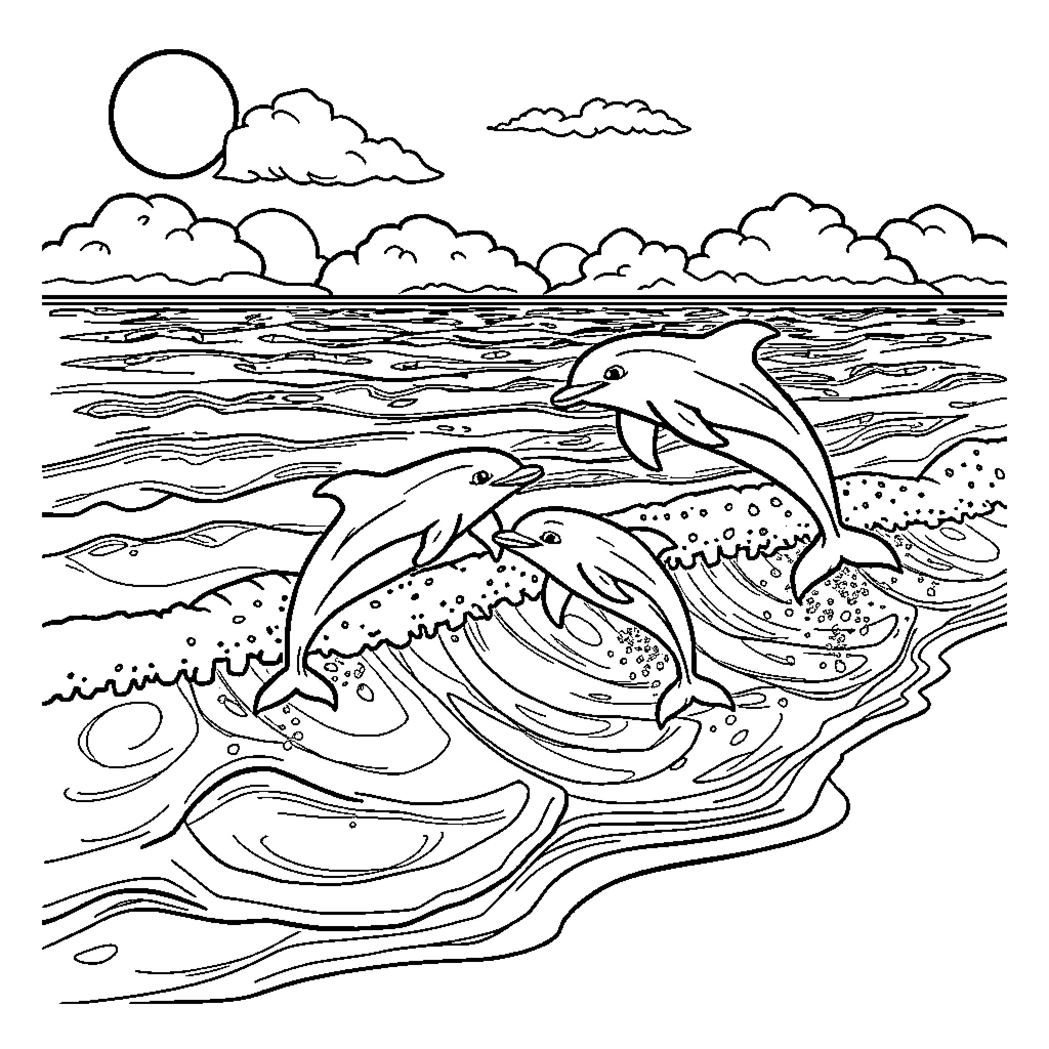 Dolphin swimming gracefully in the ocean Coloring Page (free black-and-white line drawing printable PDF for all, from beginners to advanced learners, including children, teens, adults, and seniors)