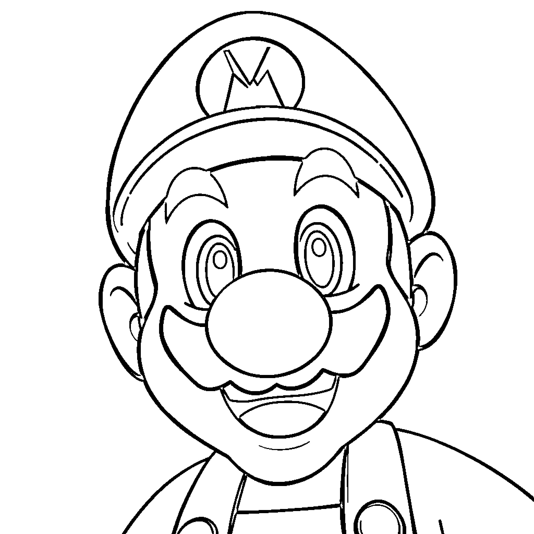 Mario Character Portrait with Cheerful Expression Coloring Page (free black-and-white line drawing printable PDF for all, from beginners to advanced learners, including children, teens, adults, and seniors)
