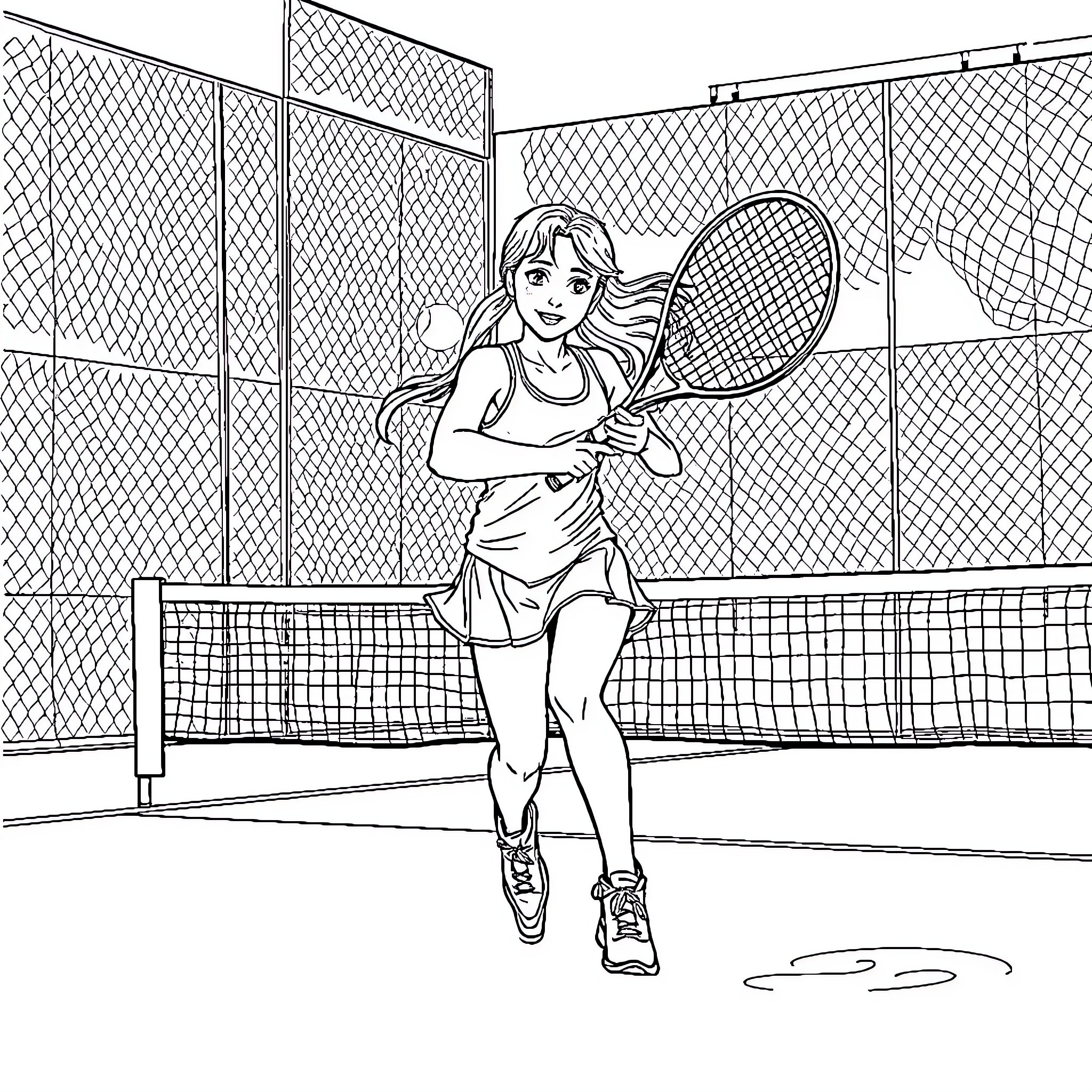 Sabrina Carpenter playing tennis on the court Coloring Page (free black-and-white line drawing printable PDF for all, from beginners to advanced learners, including children, teens, adults, and seniors)