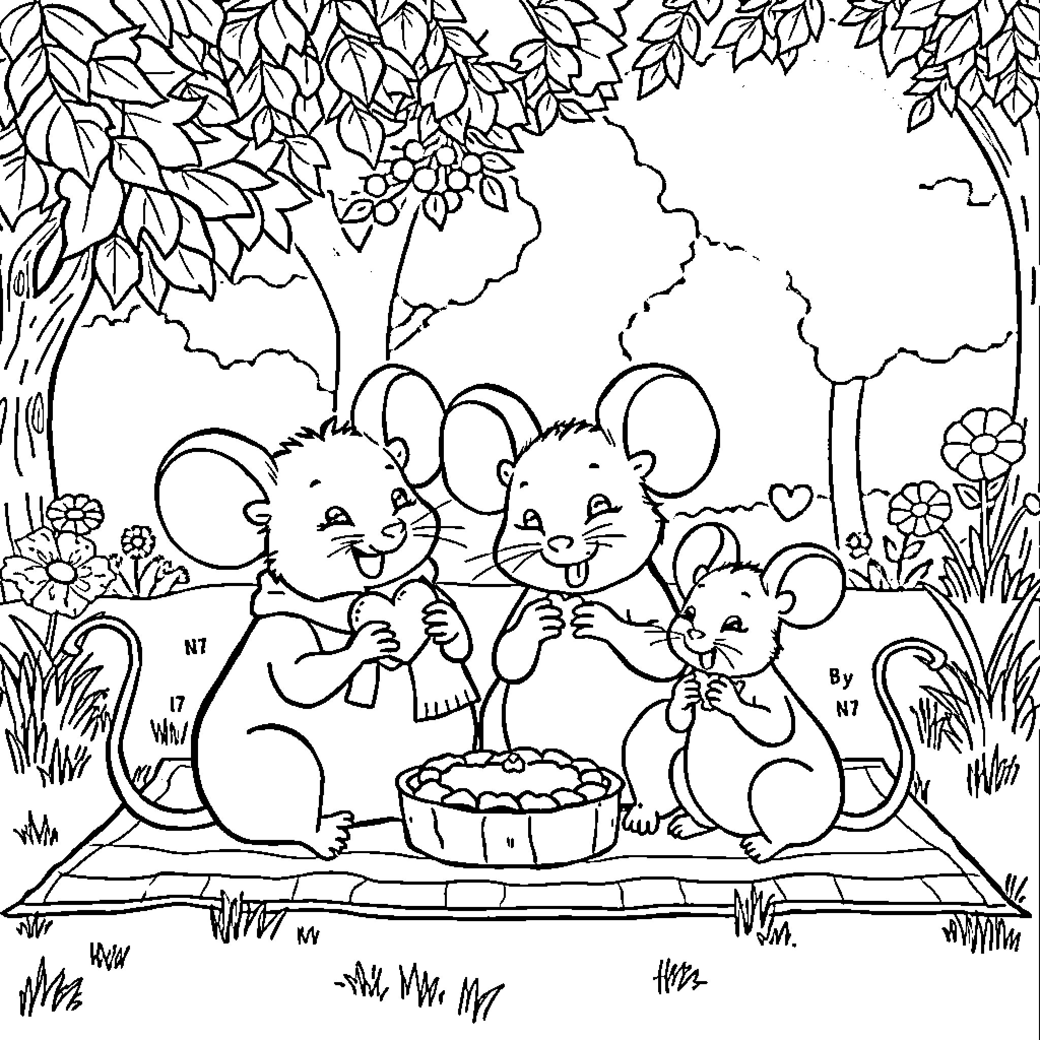 Mice enjoying a picnic in the forest Coloring Page (free black-and-white line drawing printable PDF for all, from beginners to advanced learners, including children, teens, adults, and seniors)