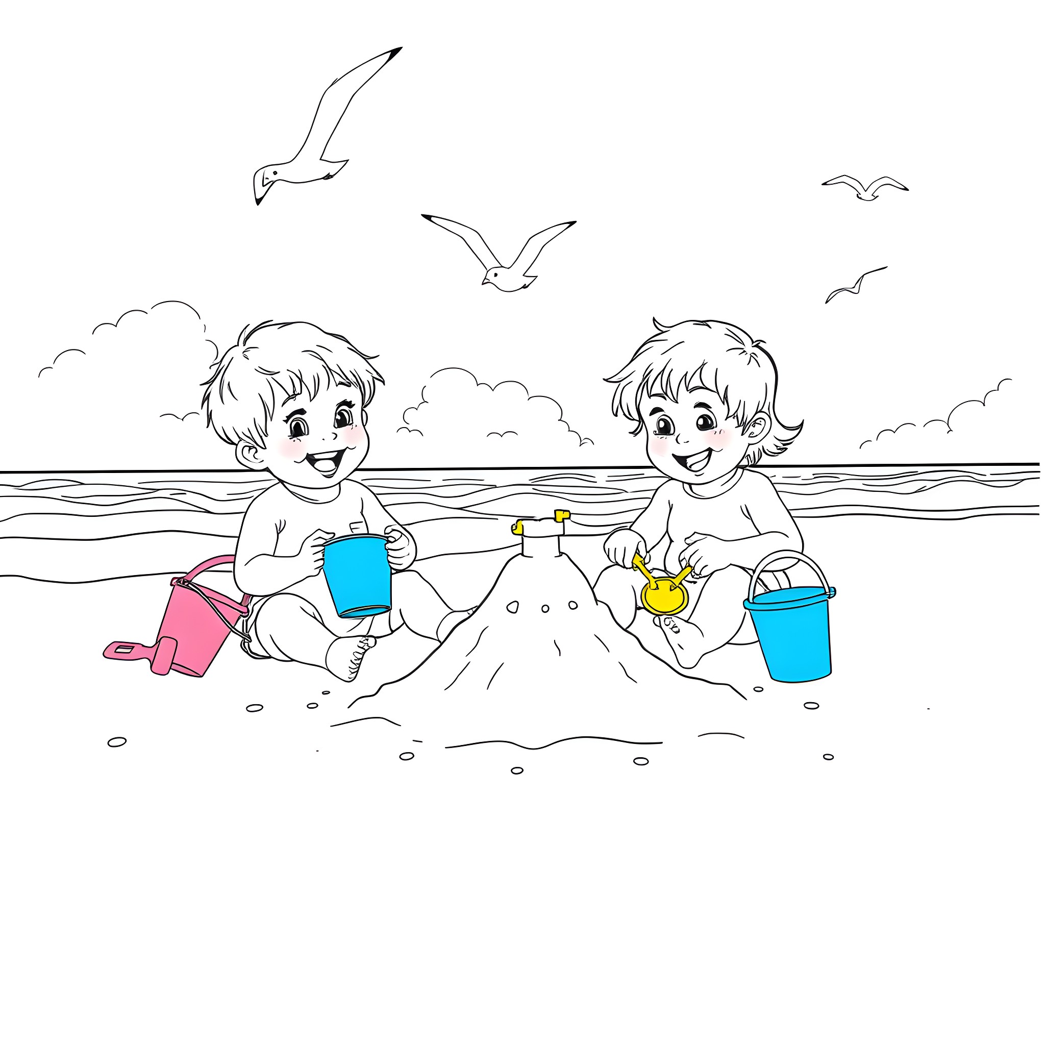 Toddlers playing happily at the beach Coloring Page (free black-and-white line drawing printable PDF for all, from beginners to advanced learners, including children, teens, adults, and seniors)
