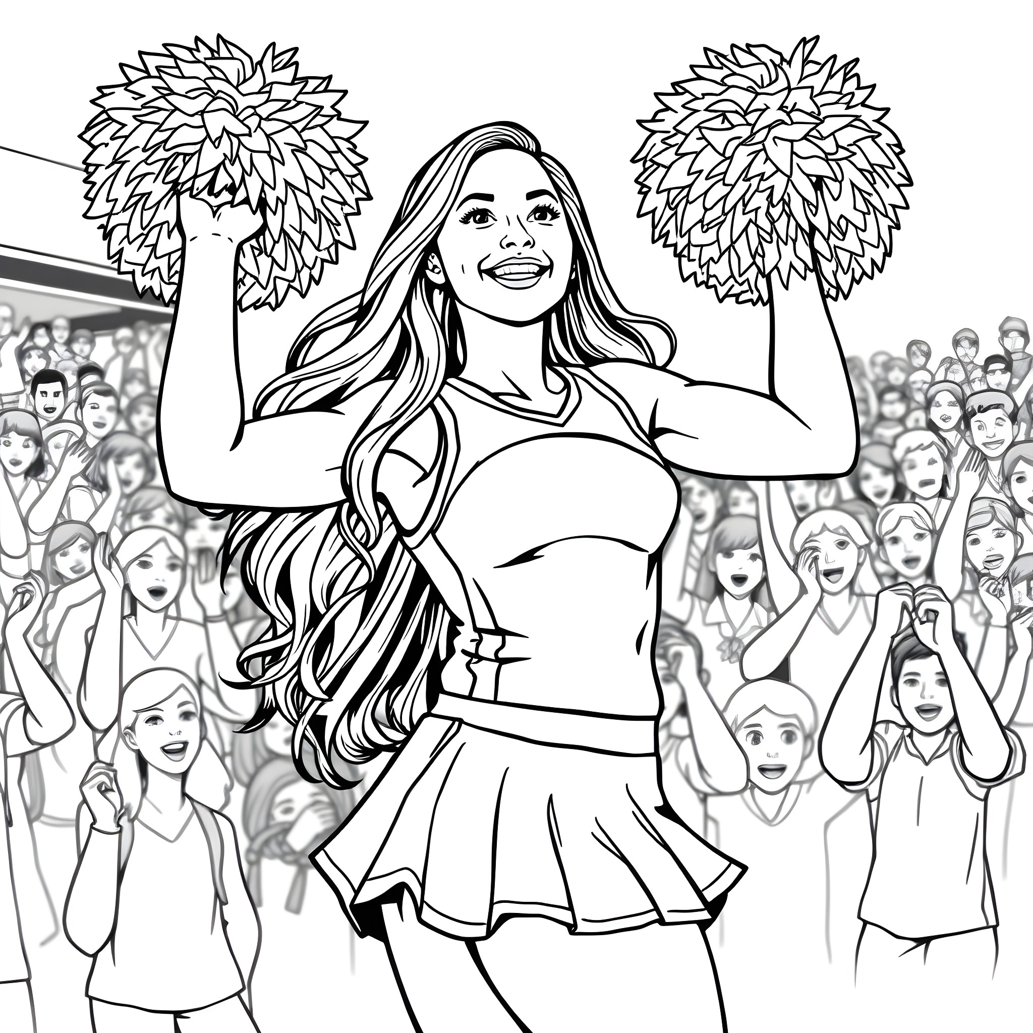 Cheerleader performing lively routine in front of crowd Coloring Page (free black-and-white line drawing printable PDF for all, from beginners to advanced learners, including children, teens, adults, and seniors)