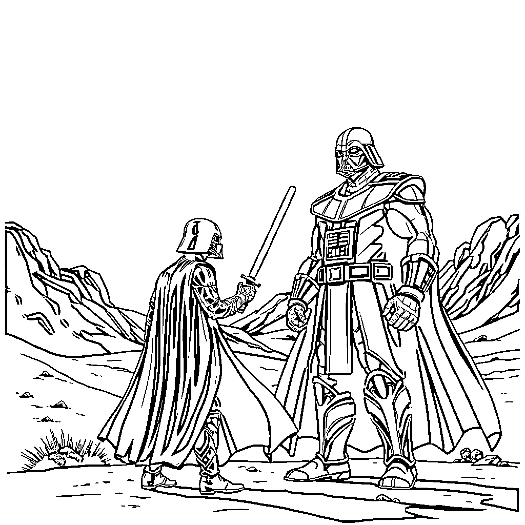 Darth Vader facing off against a rival in a barren landscape Coloring Page (free black-and-white line drawing printable PDF for all, from beginners to advanced learners, including children, teens, adults, and seniors)
