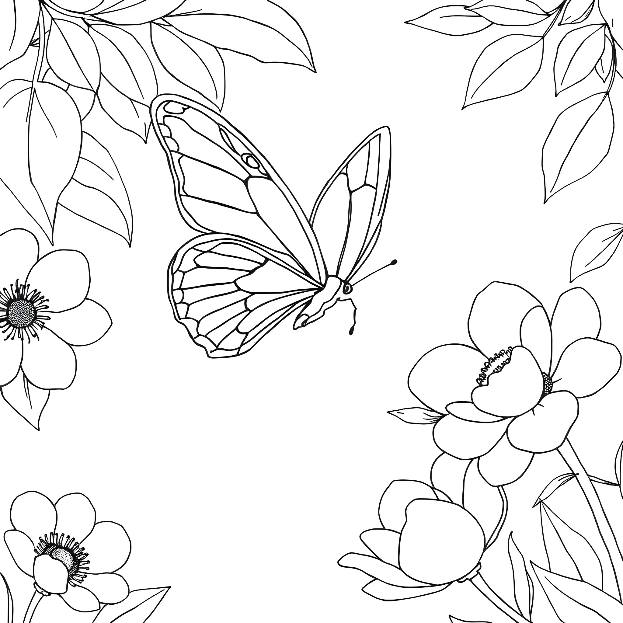 Butterfly dancing among flowers Coloring Page (free black-and-white line drawing printable PDF for all, from beginners to advanced learners, including children, teens, adults, and seniors)