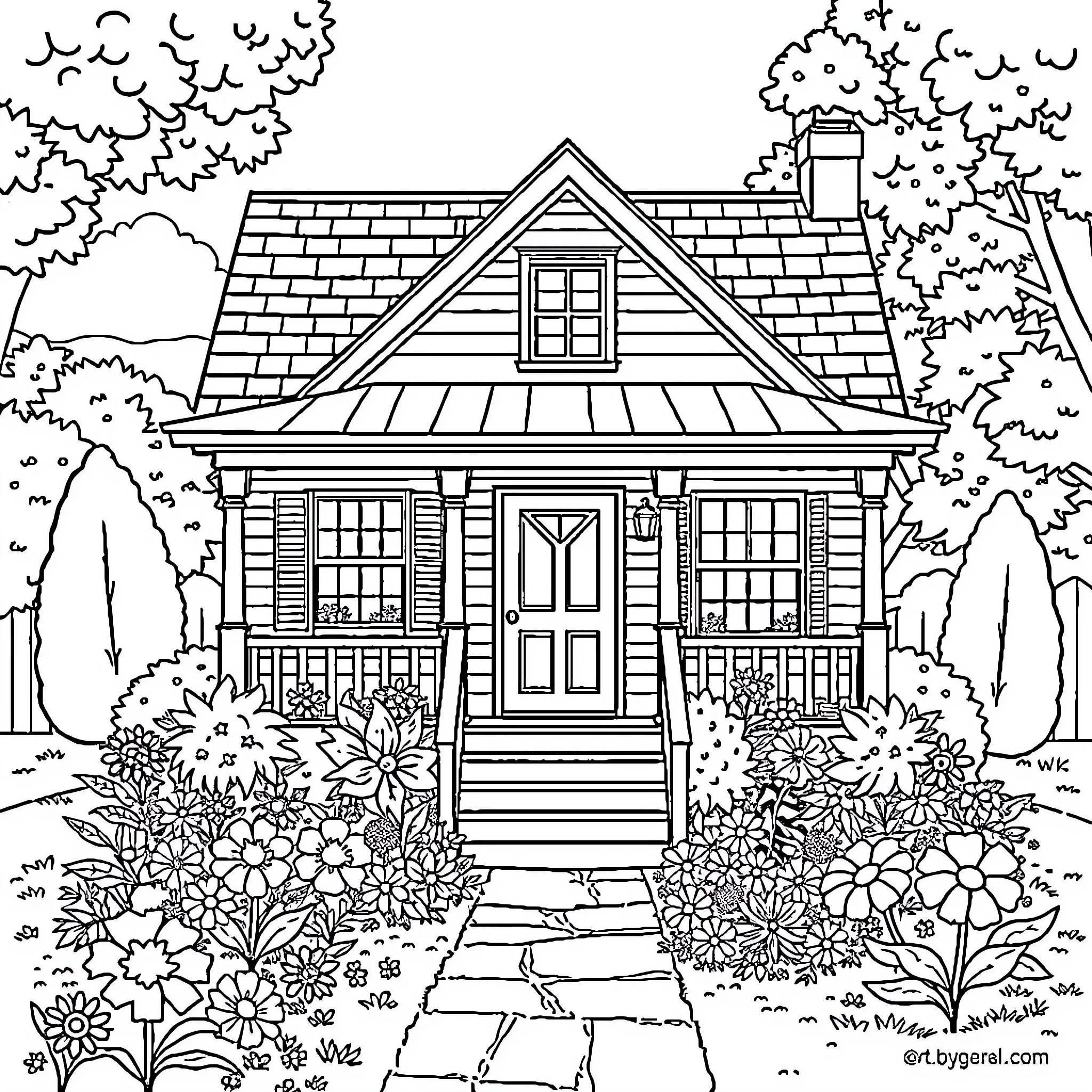 House with flowers and plants in the garden Coloring Page (free black-and-white line drawing printable PDF for all, from beginners to advanced learners, including children, teens, adults, and seniors)