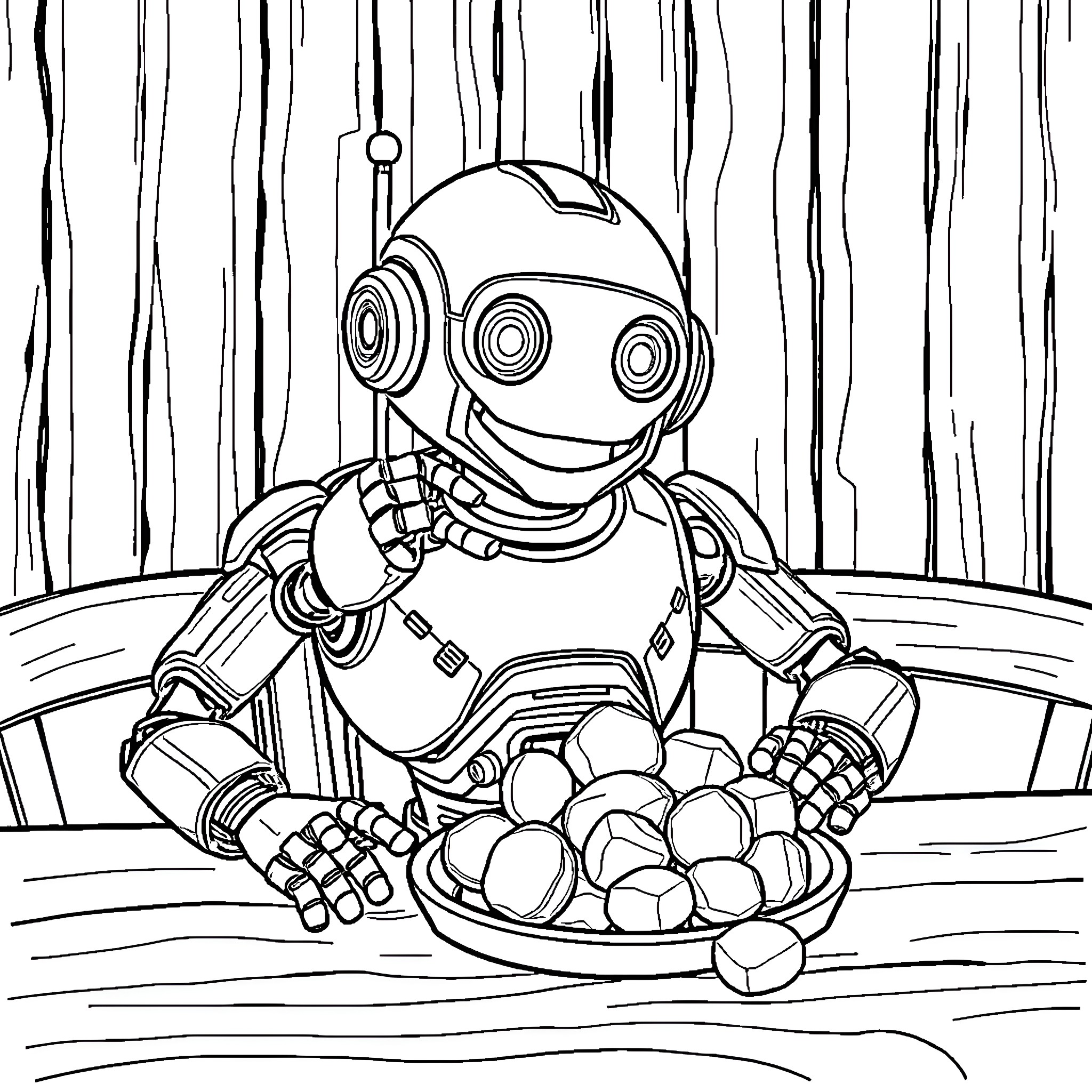 Robot playing with colorful balls in a wooden environment Coloring Page (free black-and-white line drawing printable PDF for all, from beginners to advanced learners, including children, teens, adults, and seniors)