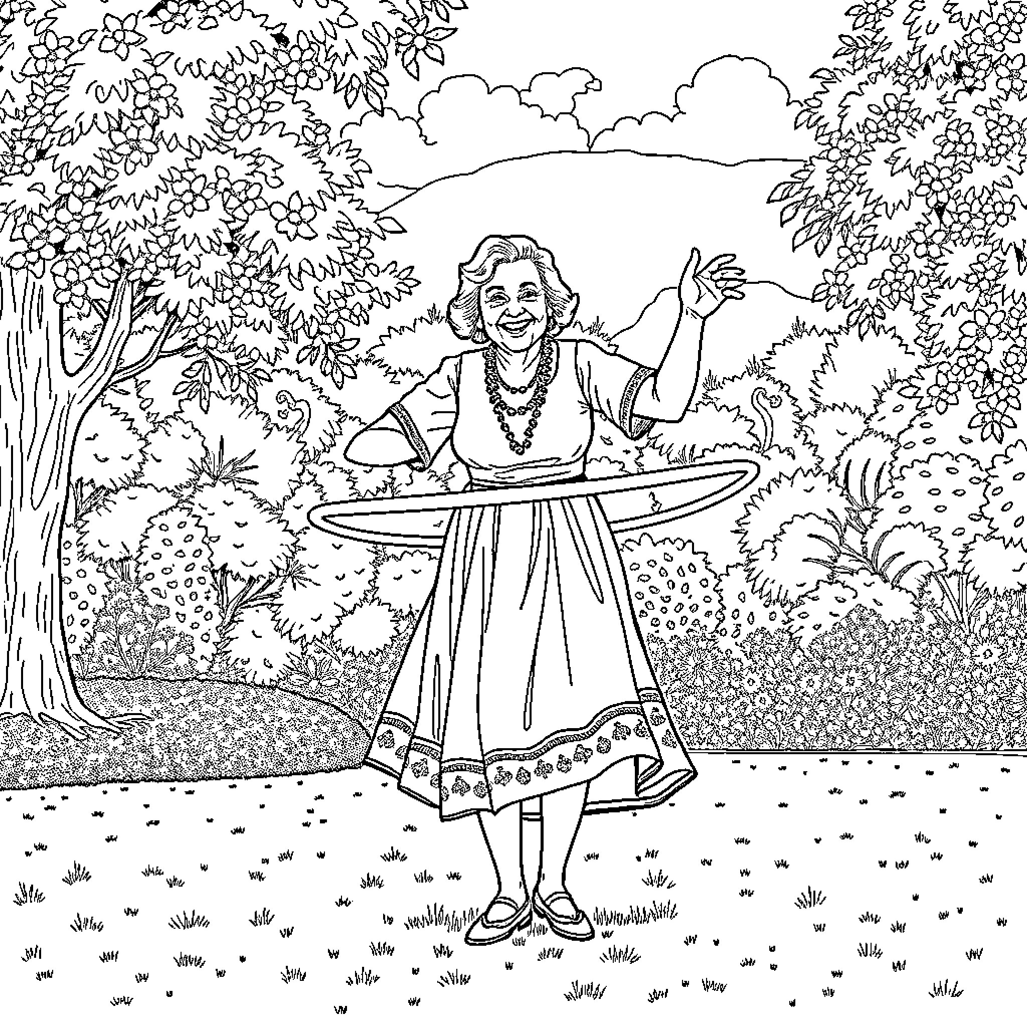 Old Woman Joyfully Dancing in the Park Coloring Page (free black-and-white line drawing printable PDF for all, from beginners to advanced learners, including children, teens, adults, and seniors)
