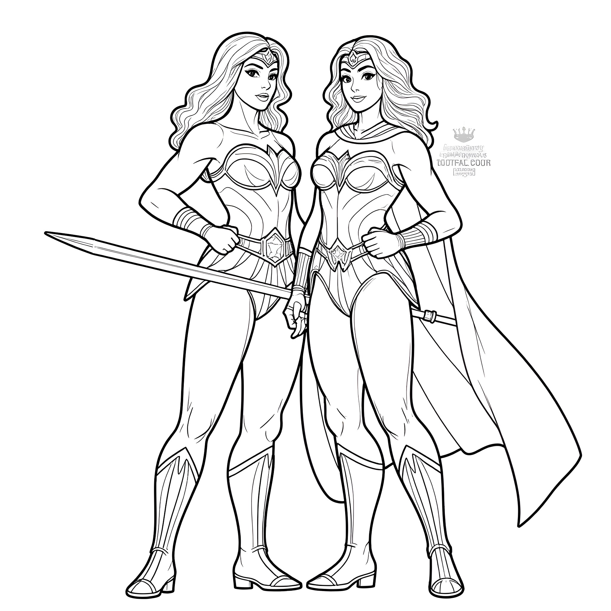 Wonder Women Heroines in Warrior Outfits Coloring Page (free black-and-white line drawing printable PDF for all, from beginners to advanced learners, including children, teens, adults, and seniors)