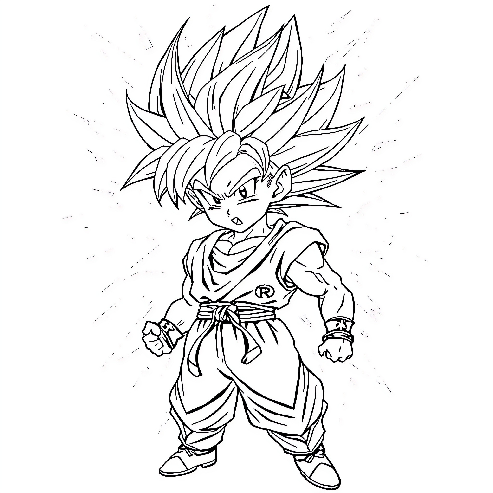 Gohan as Super Saiyan warrior in action pose Coloring Page (free black-and-white line drawing printable PDF for all, from beginners to advanced learners, including children, teens, adults, and seniors)