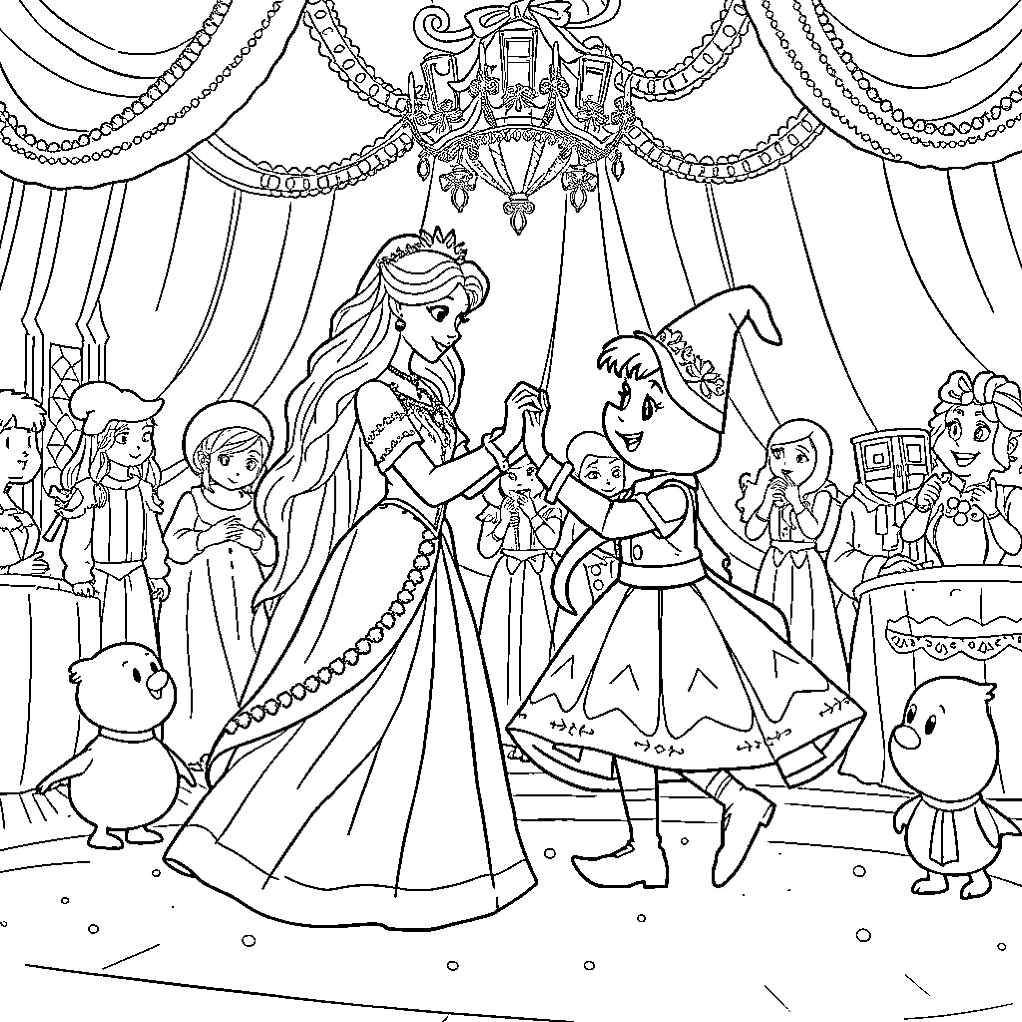 Queen dancing gracefully with a small character Coloring Page (free black-and-white line drawing printable PDF for all, from beginners to advanced learners, including children, teens, adults, and seniors)