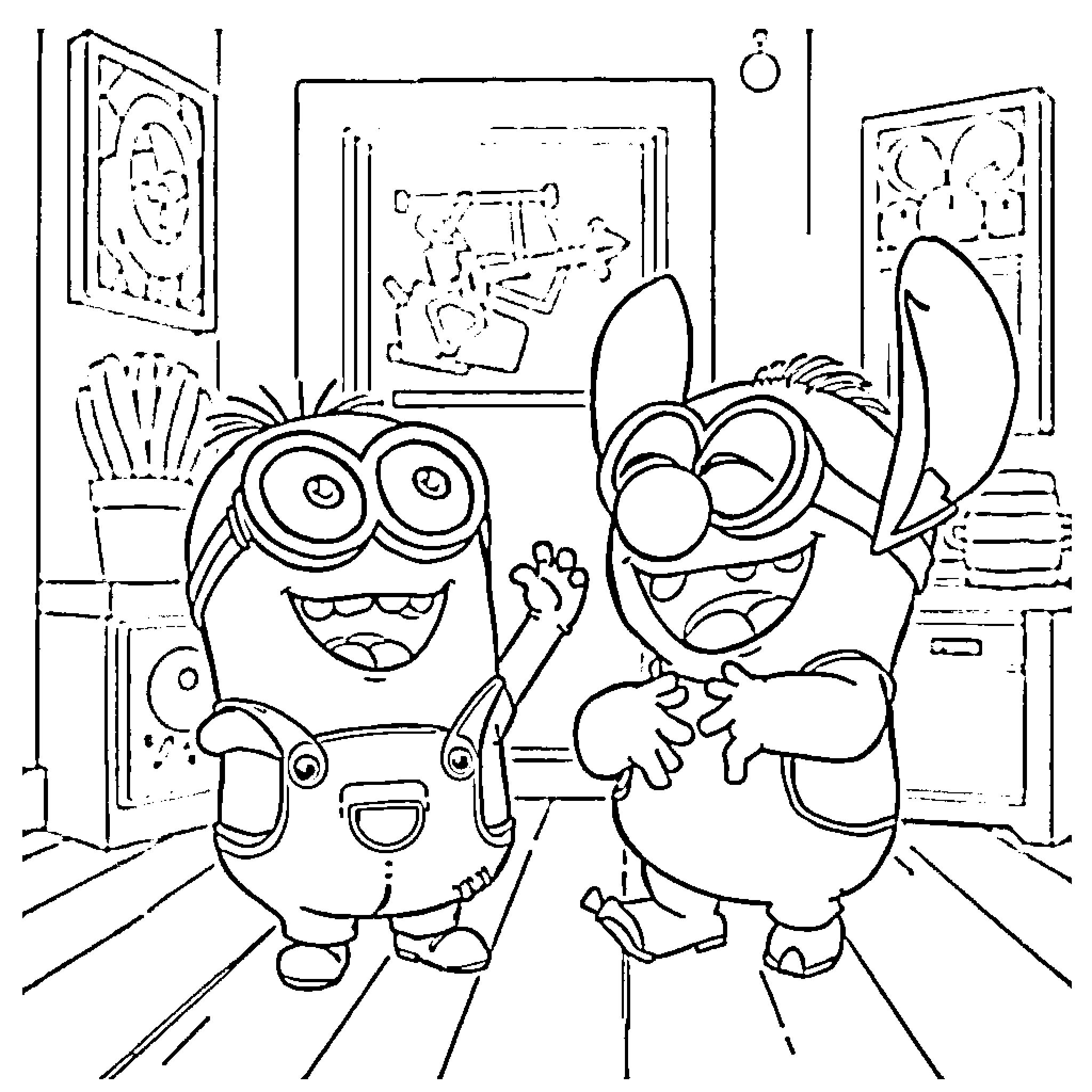 Minions playing and exploring in a room Coloring Page (free black-and-white line drawing printable PDF for all, from beginners to advanced learners, including children, teens, adults, and seniors)