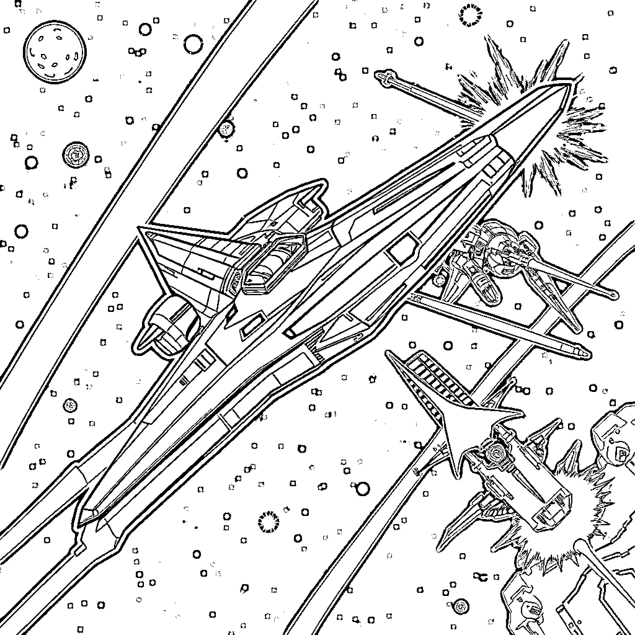 Colonial Viper in a Thrilling Spaceship Battle Coloring Page (free black-and-white line drawing printable PDF for all, from beginners to advanced learners, including children, teens, adults, and seniors)