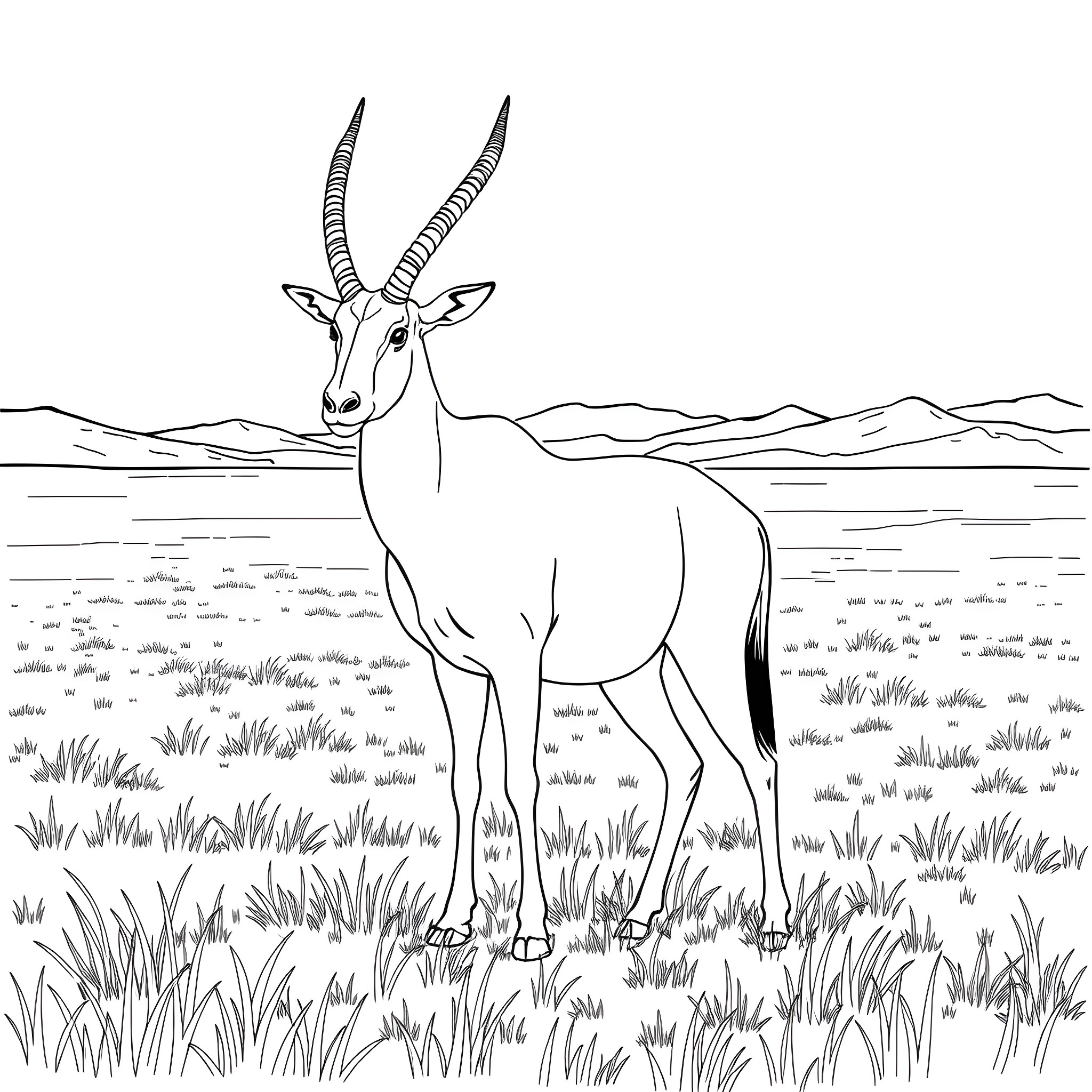 Oryx antelope in natural grassland landscape Coloring Page (free black-and-white line drawing printable PDF for all, from beginners to advanced learners, including children, teens, adults, and seniors)