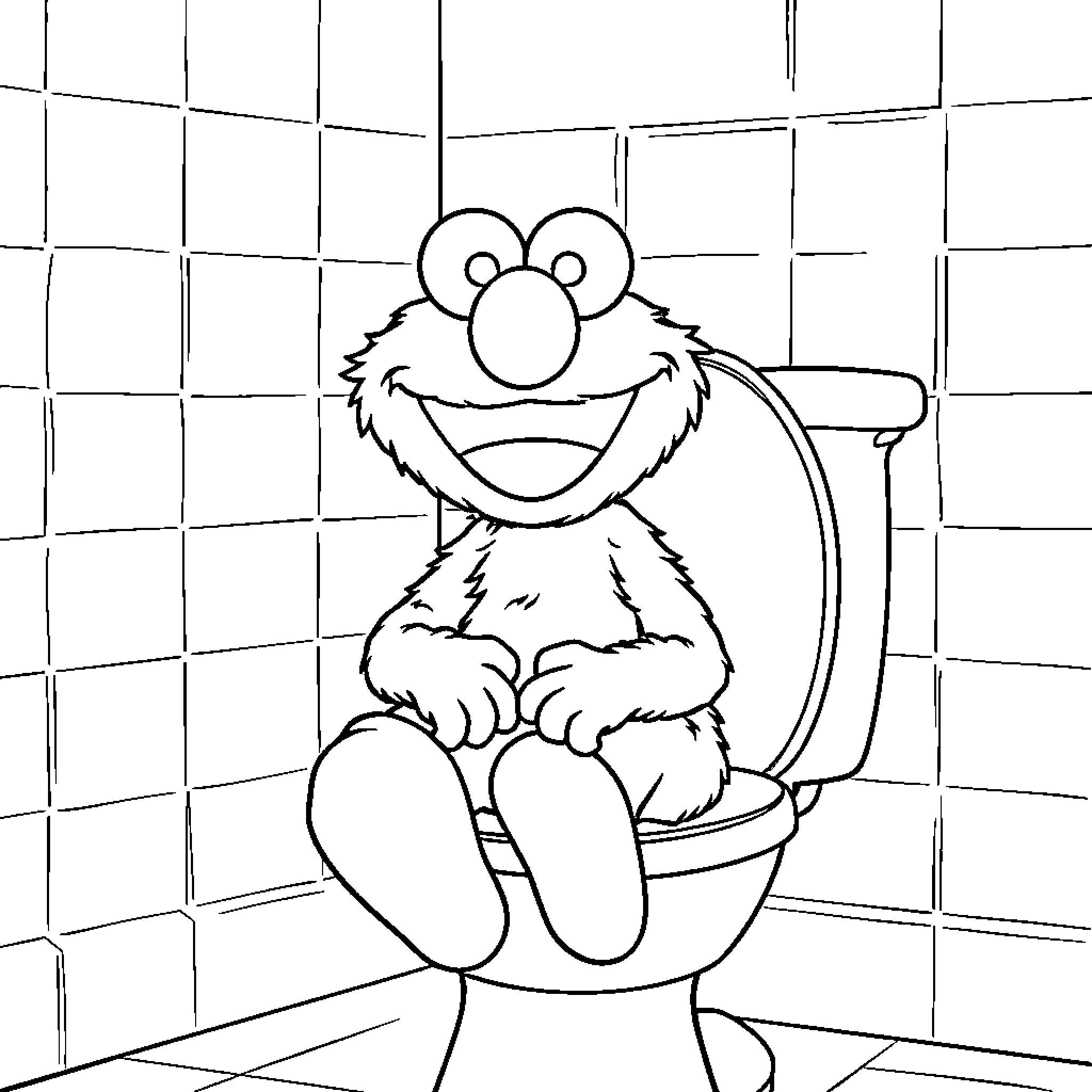Elmo Sitting on the Toilet, Looking Cheerful Coloring Page (free black-and-white line drawing printable PDF for all, from beginners to advanced learners, including children, teens, adults, and seniors)
