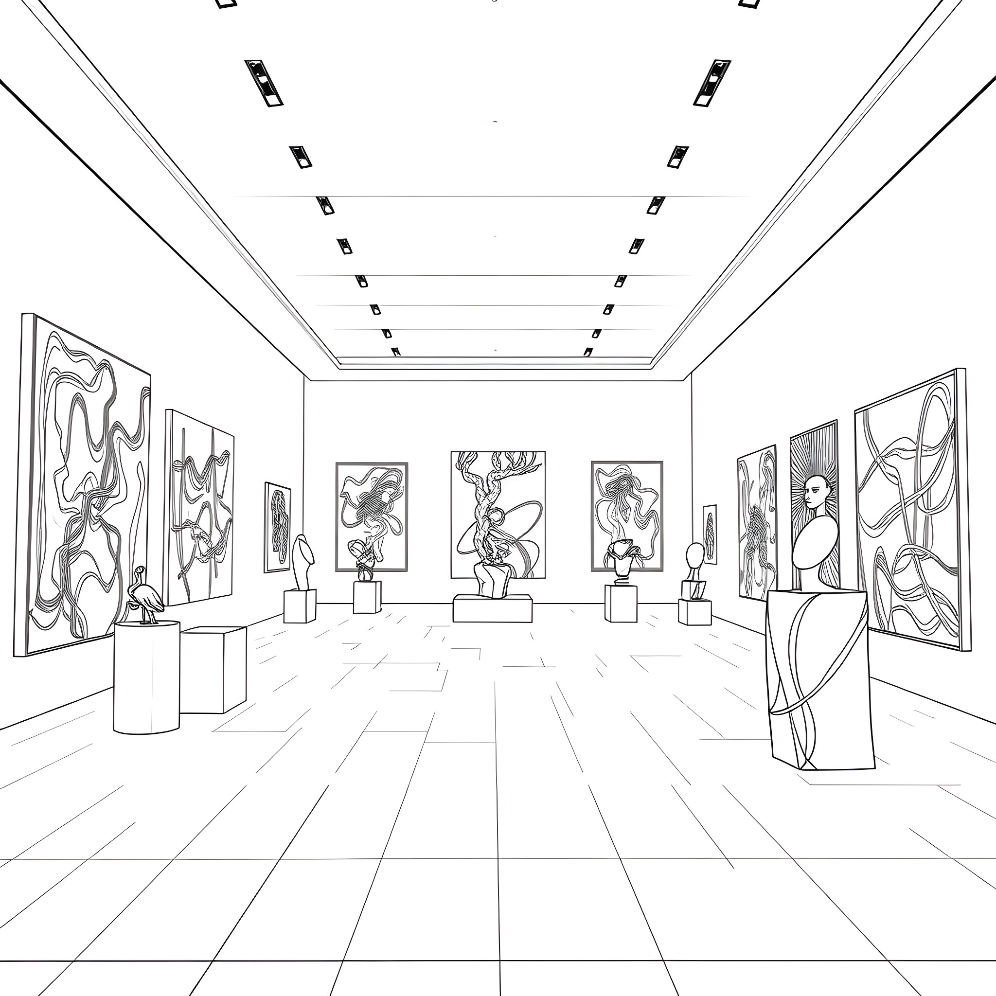 Museum of Modern Art Exhibits Coloring Page (free black-and-white line drawing printable PDF for all, from beginners to advanced learners, including children, teens, adults, and seniors)