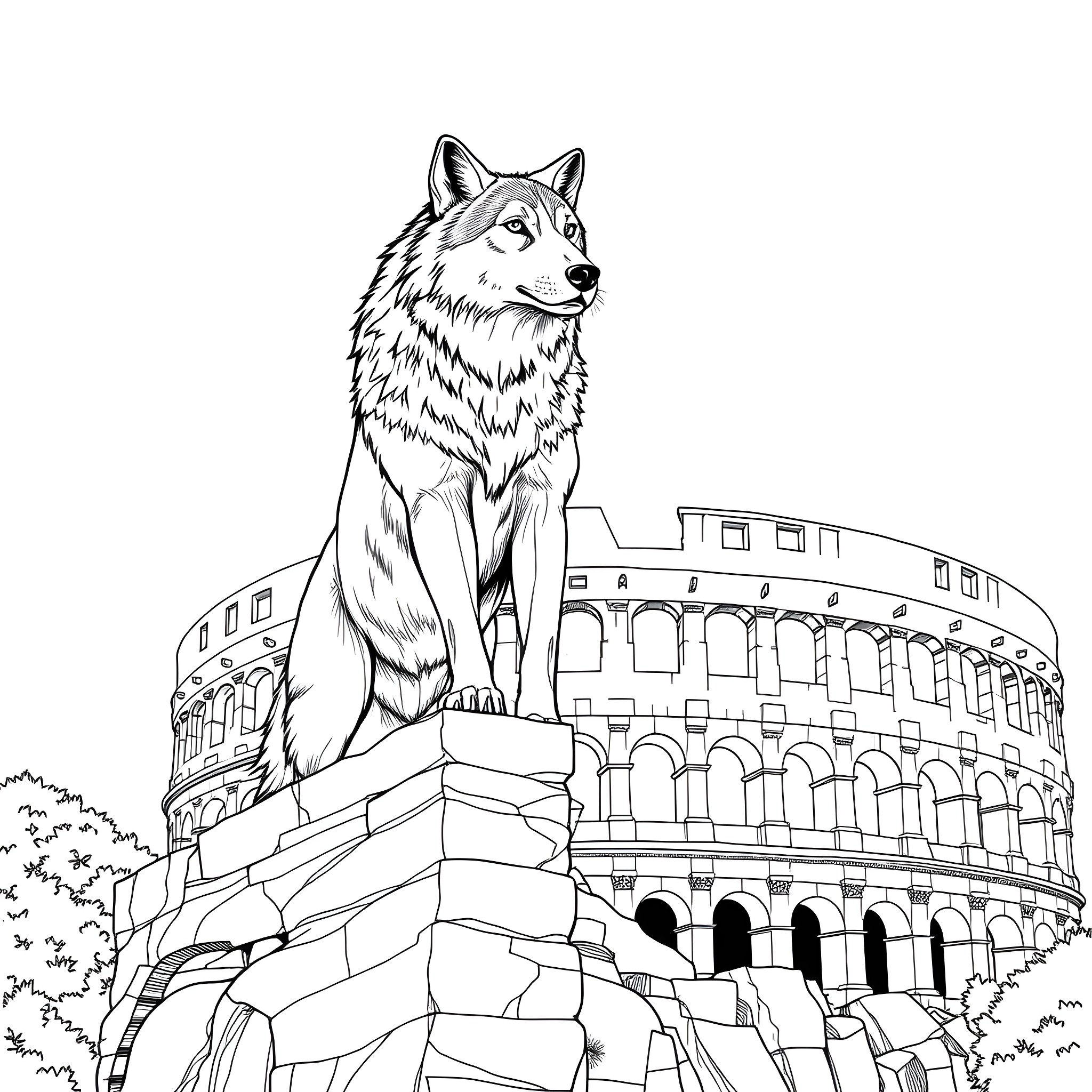 Wolf overlooking the Colosseum Coloring Page (free black-and-white line drawing printable PDF for all, from beginners to advanced learners, including children, teens, adults, and seniors)