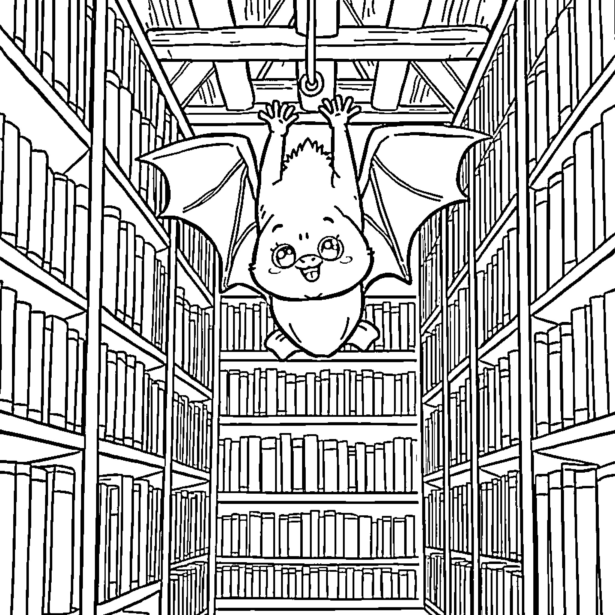 Bat hanging upside down in a library Coloring Page (free black-and-white line drawing printable PDF for all, from beginners to advanced learners, including children, teens, adults, and seniors)