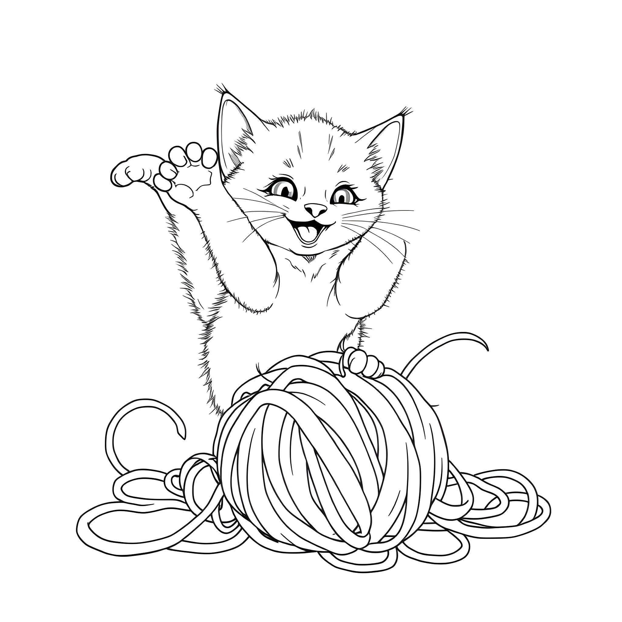 Kitten Playing Happily with Yarn Coloring Page (free black-and-white line drawing printable PDF for all, from beginners to advanced learners, including children, teens, adults, and seniors)