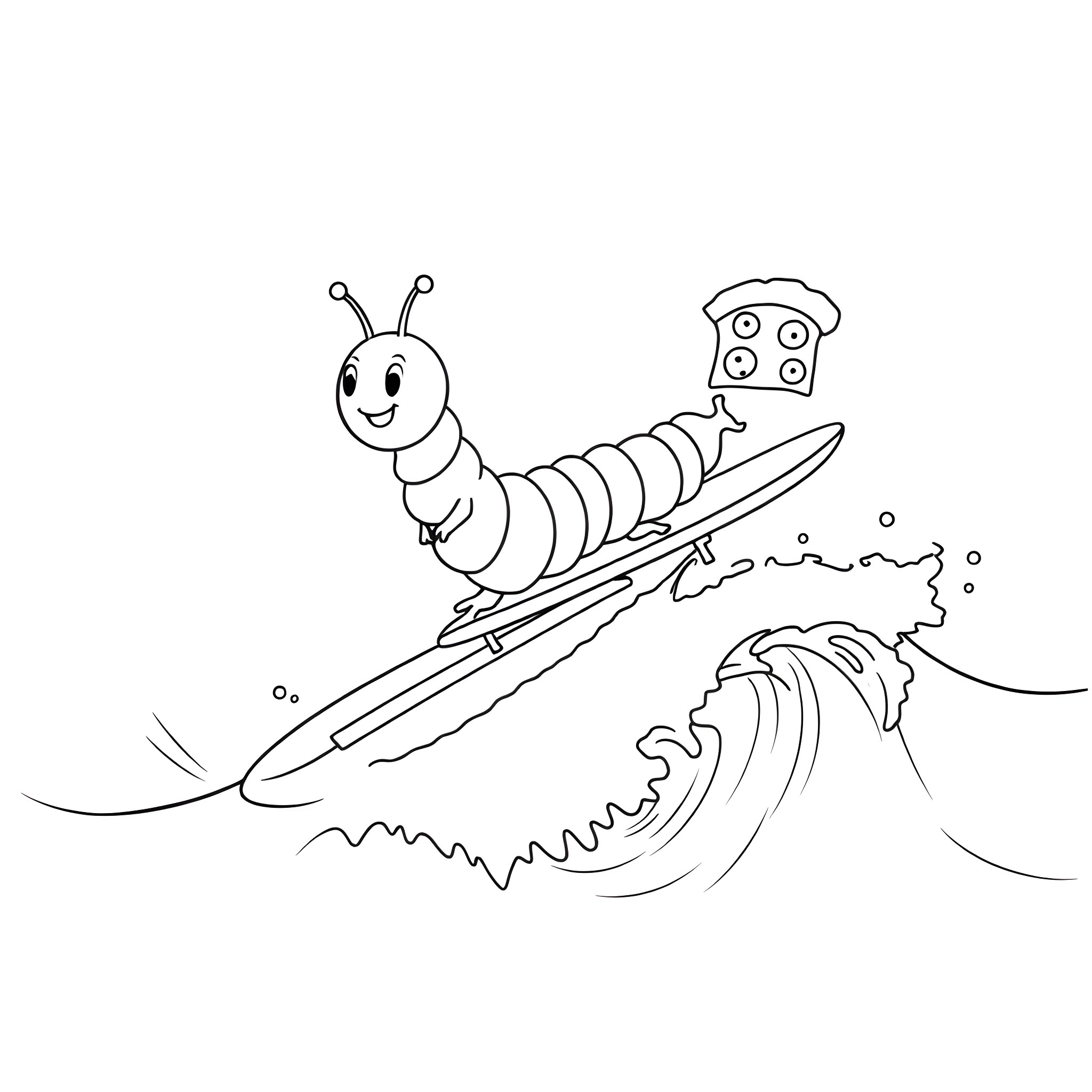 Caterpillar surfing on a wave with a cracker Coloring Page (free black-and-white line drawing printable PDF for all, from beginners to advanced learners, including children, teens, adults, and seniors)
