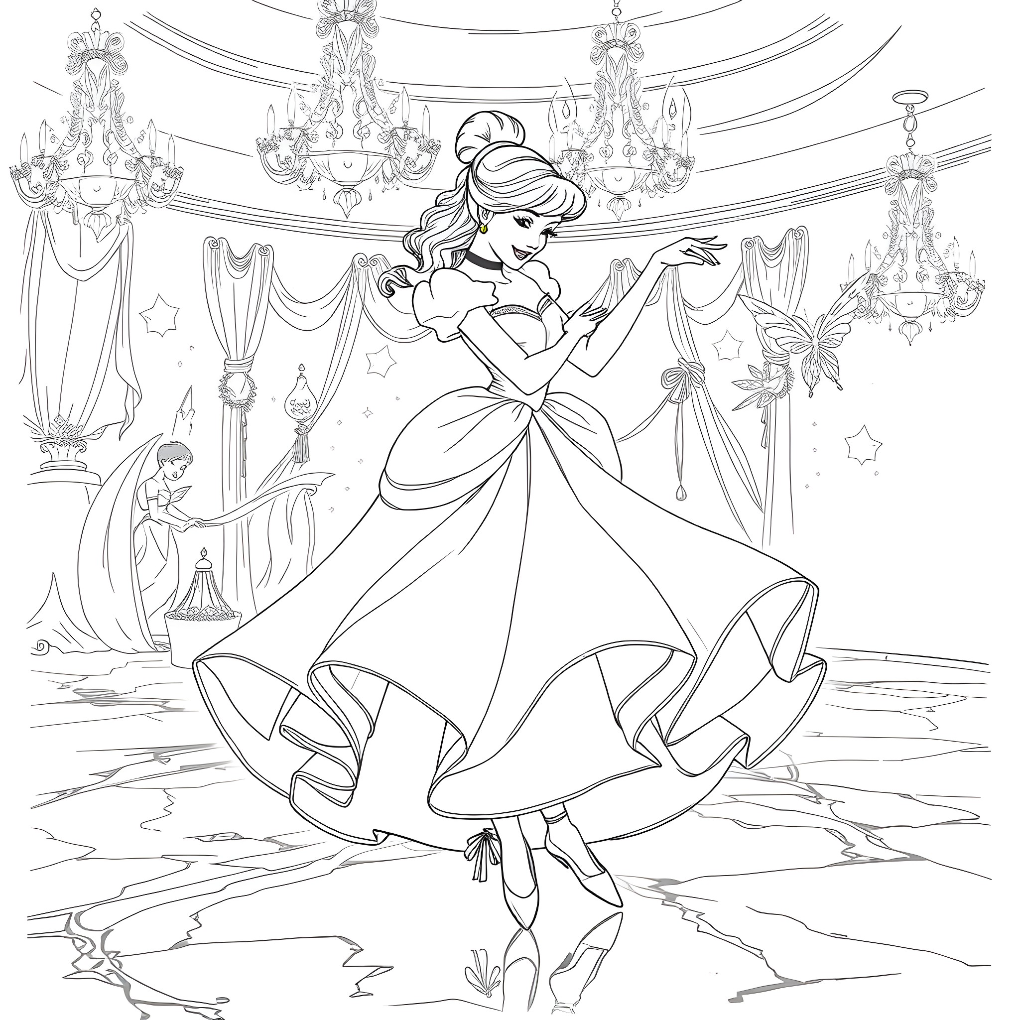 Cinderella in a grand ballroom scene Coloring Page (free black-and-white line drawing printable PDF for all, from beginners to advanced learners, including children, teens, adults, and seniors)