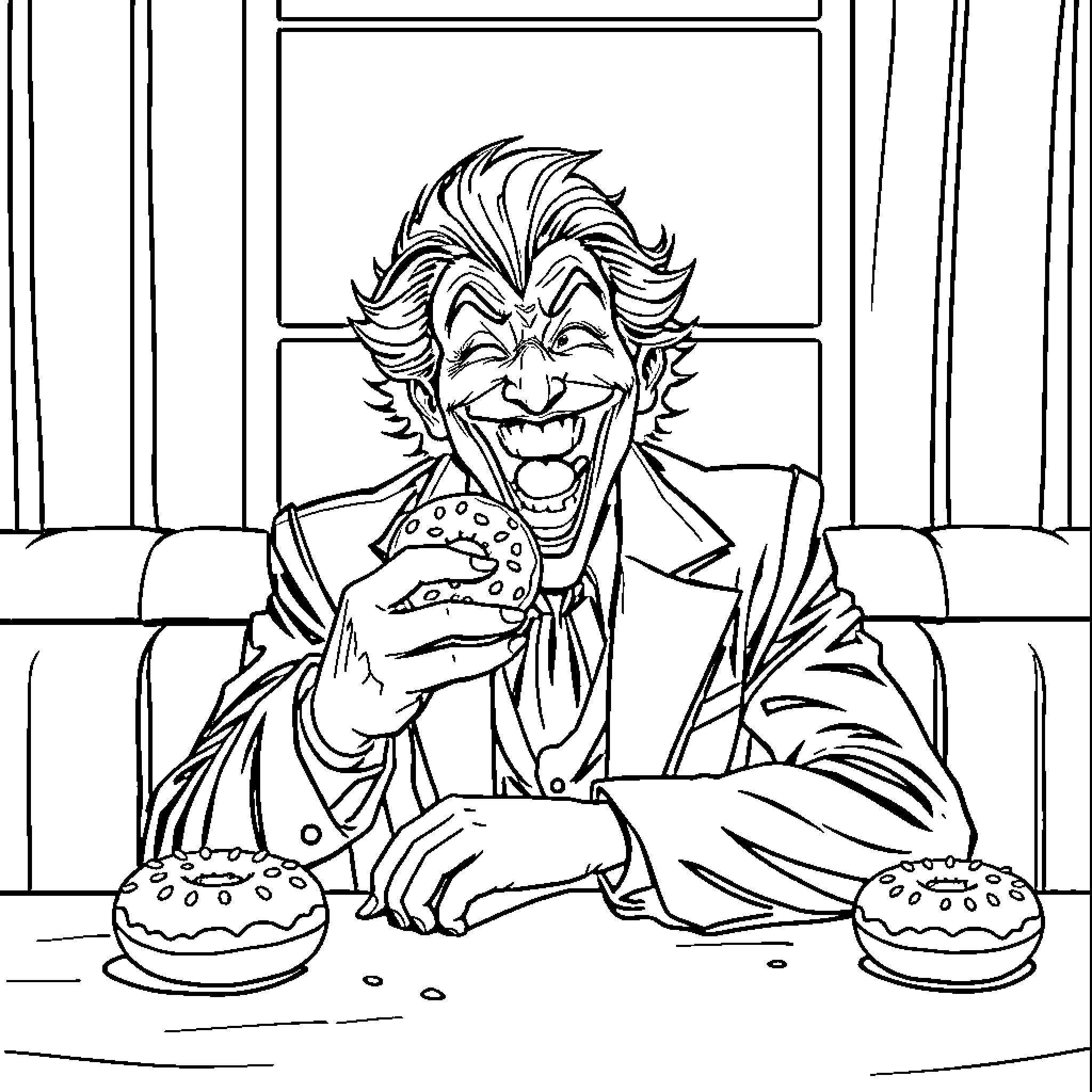 Joker Enjoying His Dinner with Mischievous Grin Coloring Page (free black-and-white line drawing printable PDF for all, from beginners to advanced learners, including children, teens, adults, and seniors)