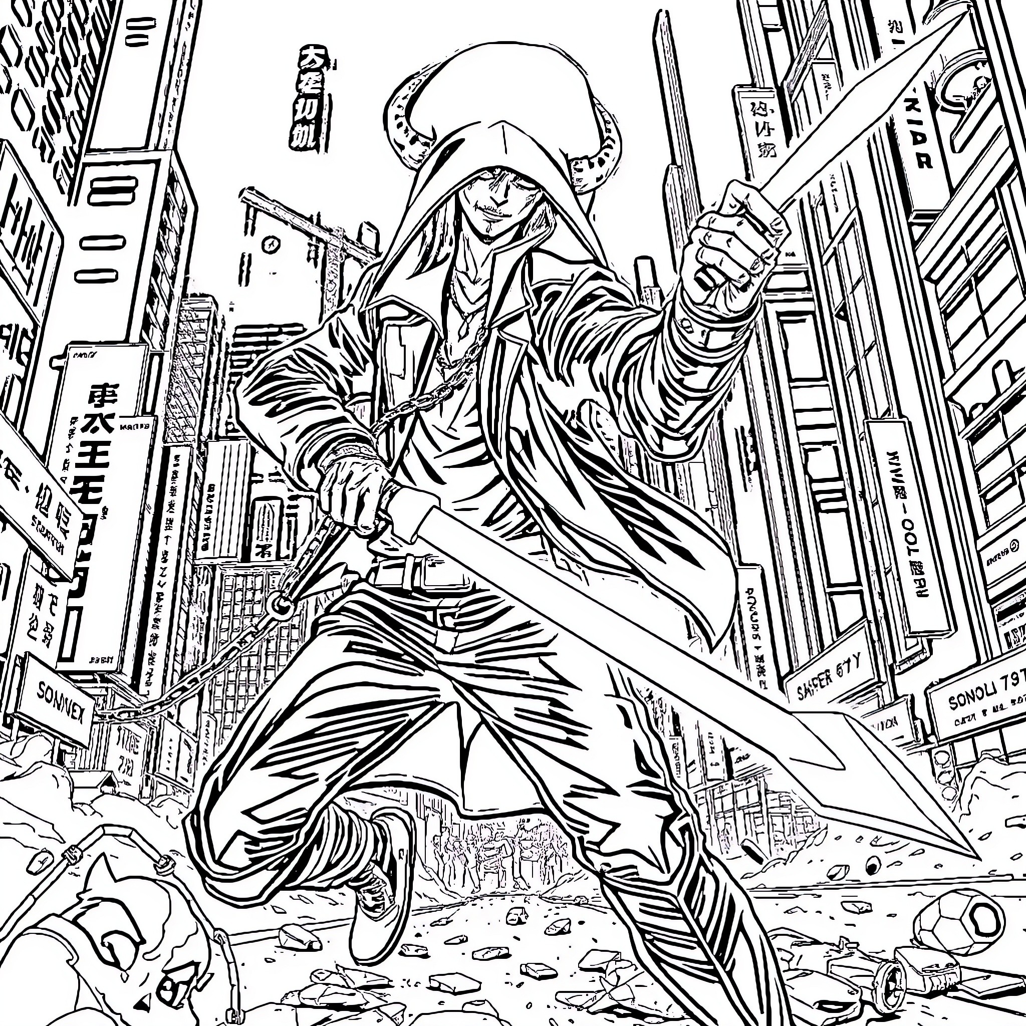 Demon Hunter Battles Fiendish Foes in Neon-Lit City Coloring Page (free black-and-white line drawing printable PDF for all, from beginners to advanced learners, including children, teens, adults, and seniors)
