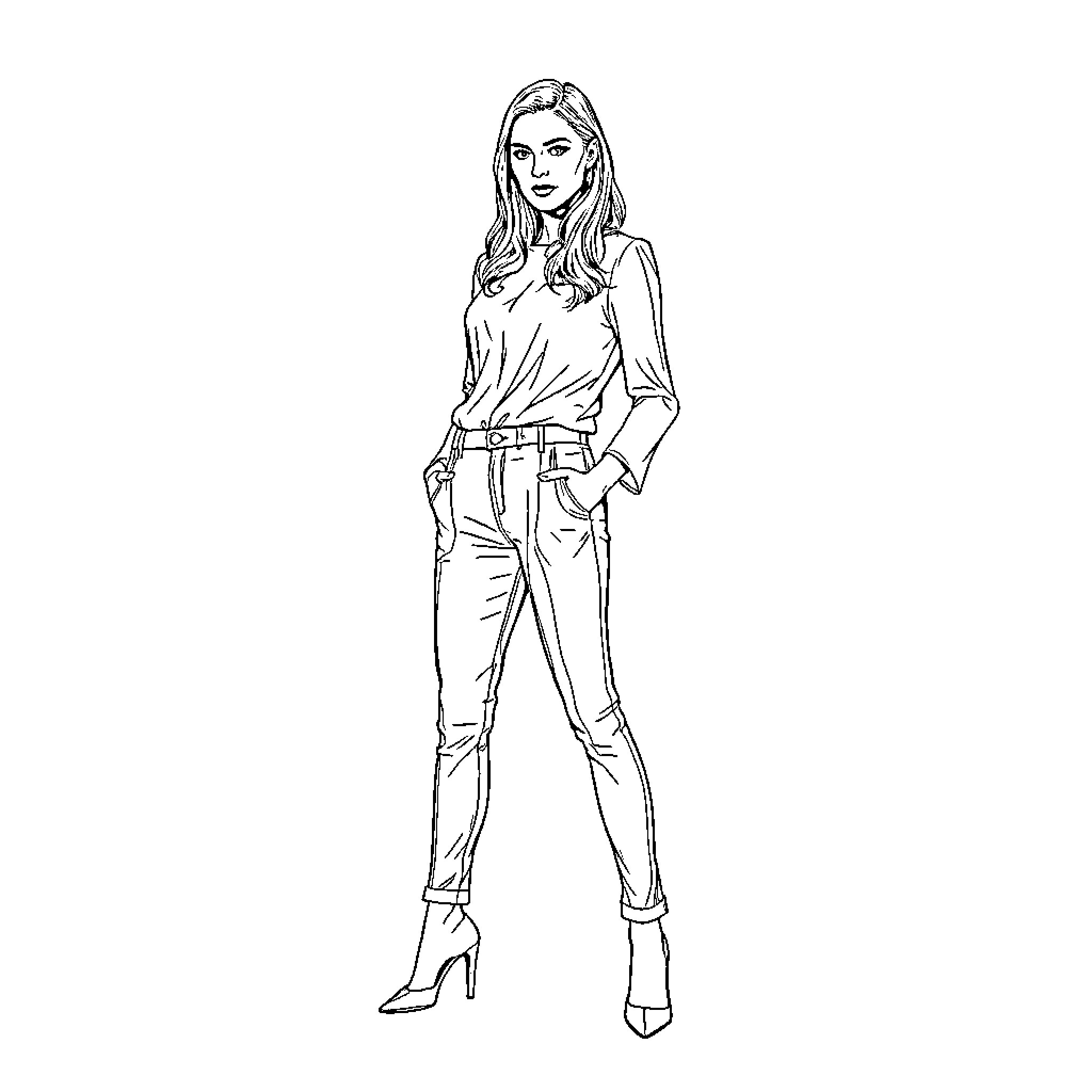 Elizabeth Olsen posing confidently in casual attire Coloring Page (free black-and-white line drawing printable PDF for all, from beginners to advanced learners, including children, teens, adults, and seniors)