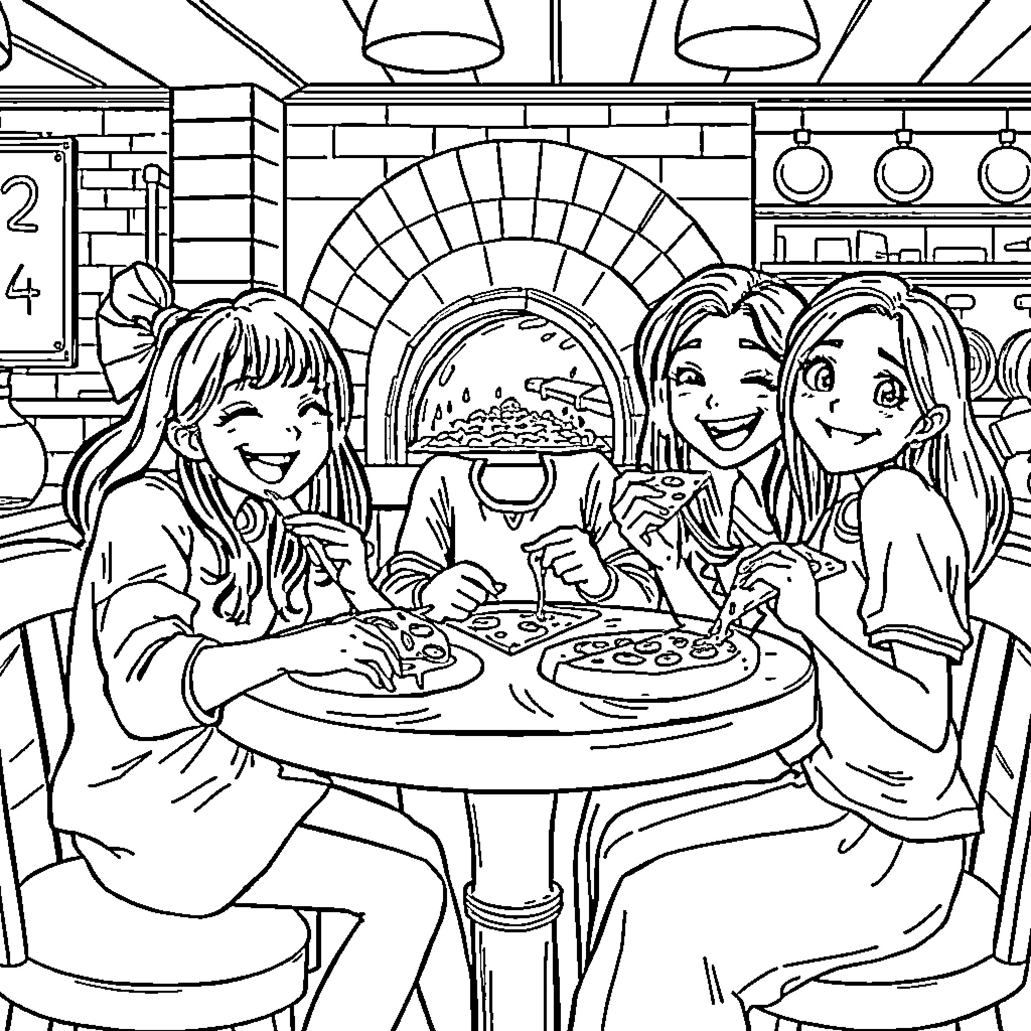 Friends Enjoying Pizza Together in a Cozy Cafe Coloring Page (free black-and-white line drawing printable PDF for all, from beginners to advanced learners, including children, teens, adults, and seniors)