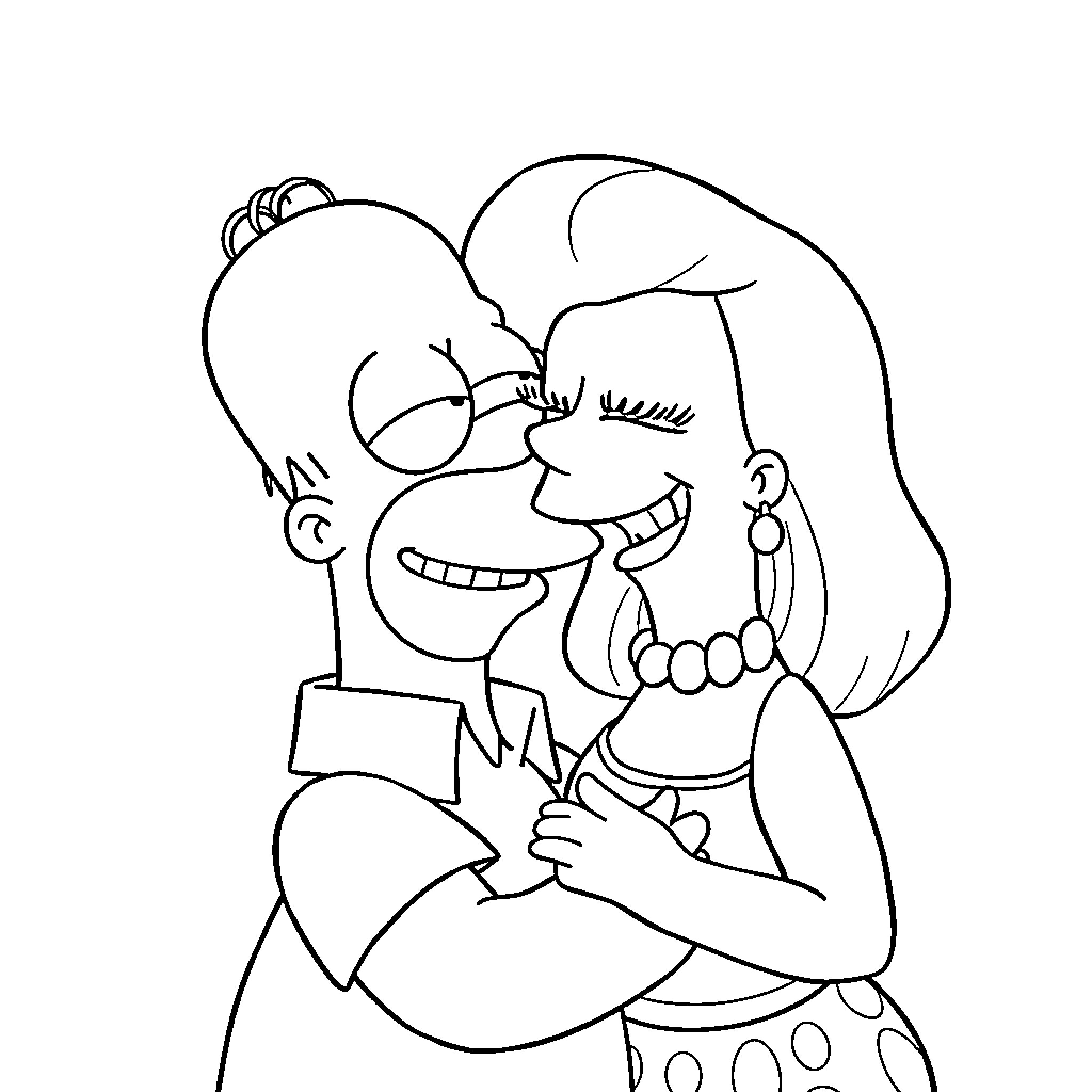 Homer Simpson in a loving embrace Coloring Page (free black-and-white line drawing printable PDF for all, from beginners to advanced learners, including children, teens, adults, and seniors)