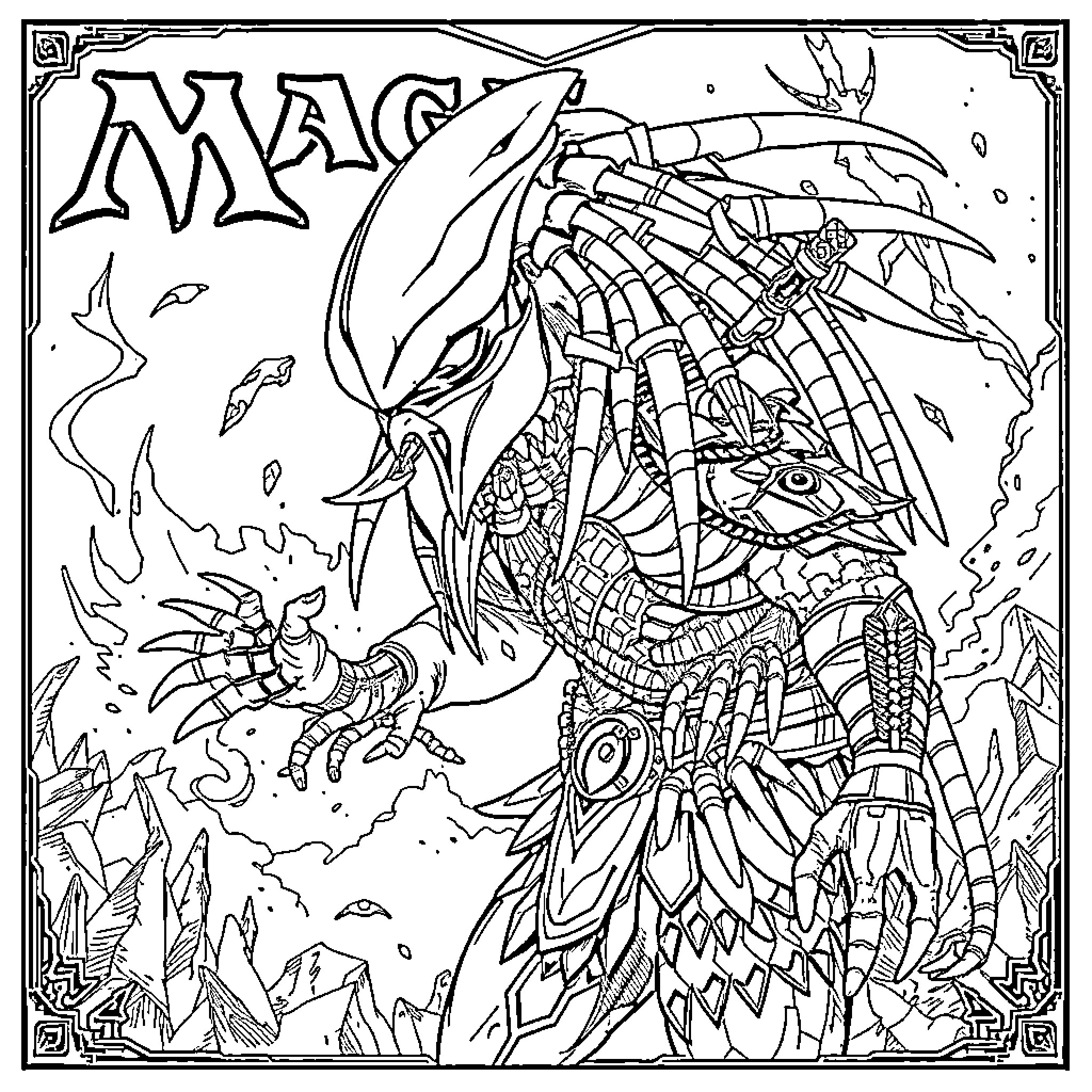 Predator dragon unleashing its fiery might Coloring Page (free black-and-white line drawing printable PDF for all, from beginners to advanced learners, including children, teens, adults, and seniors)