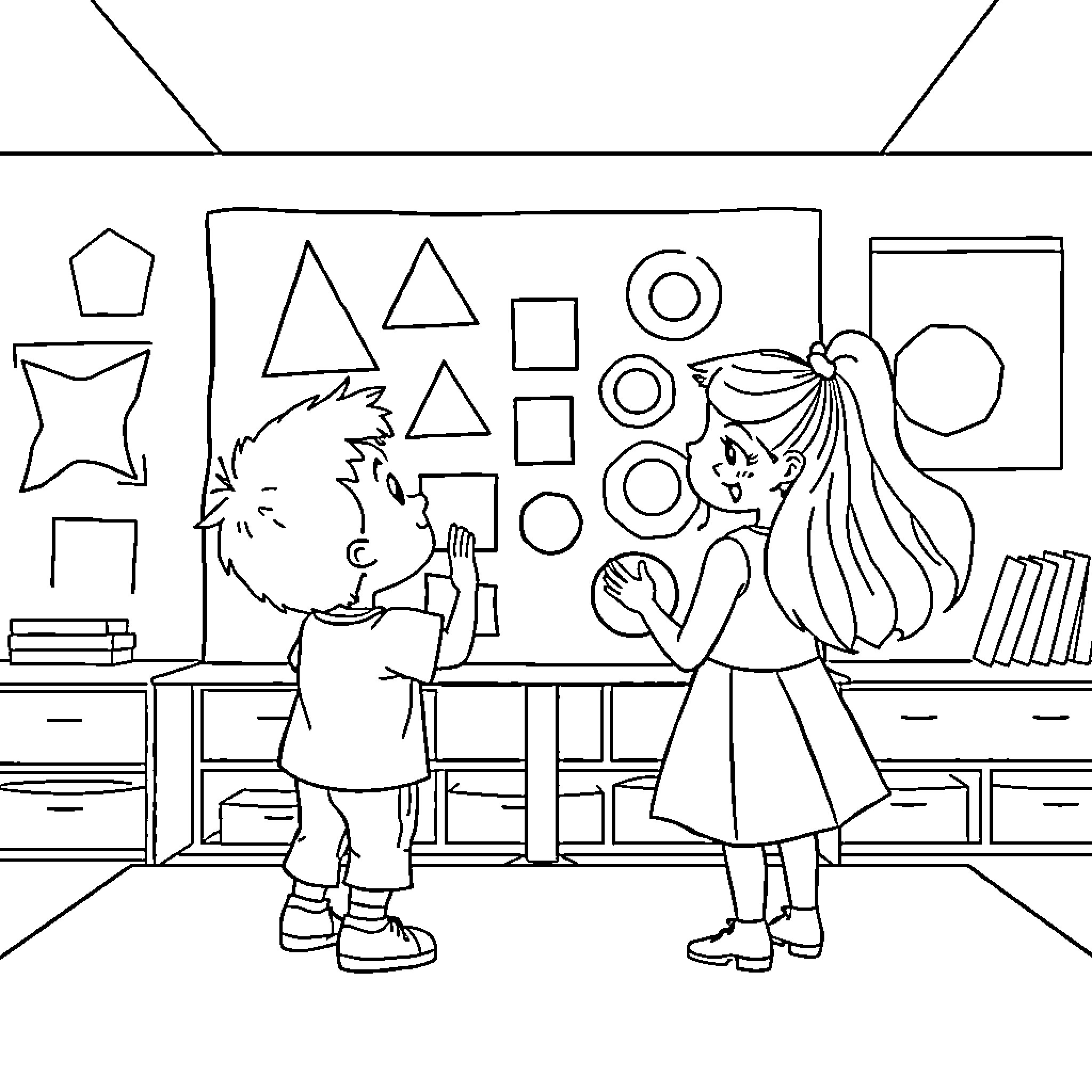 Child exploring shapes with friend in classroom Coloring Page (free black-and-white line drawing printable PDF for all, from beginners to advanced learners, including children, teens, adults, and seniors)