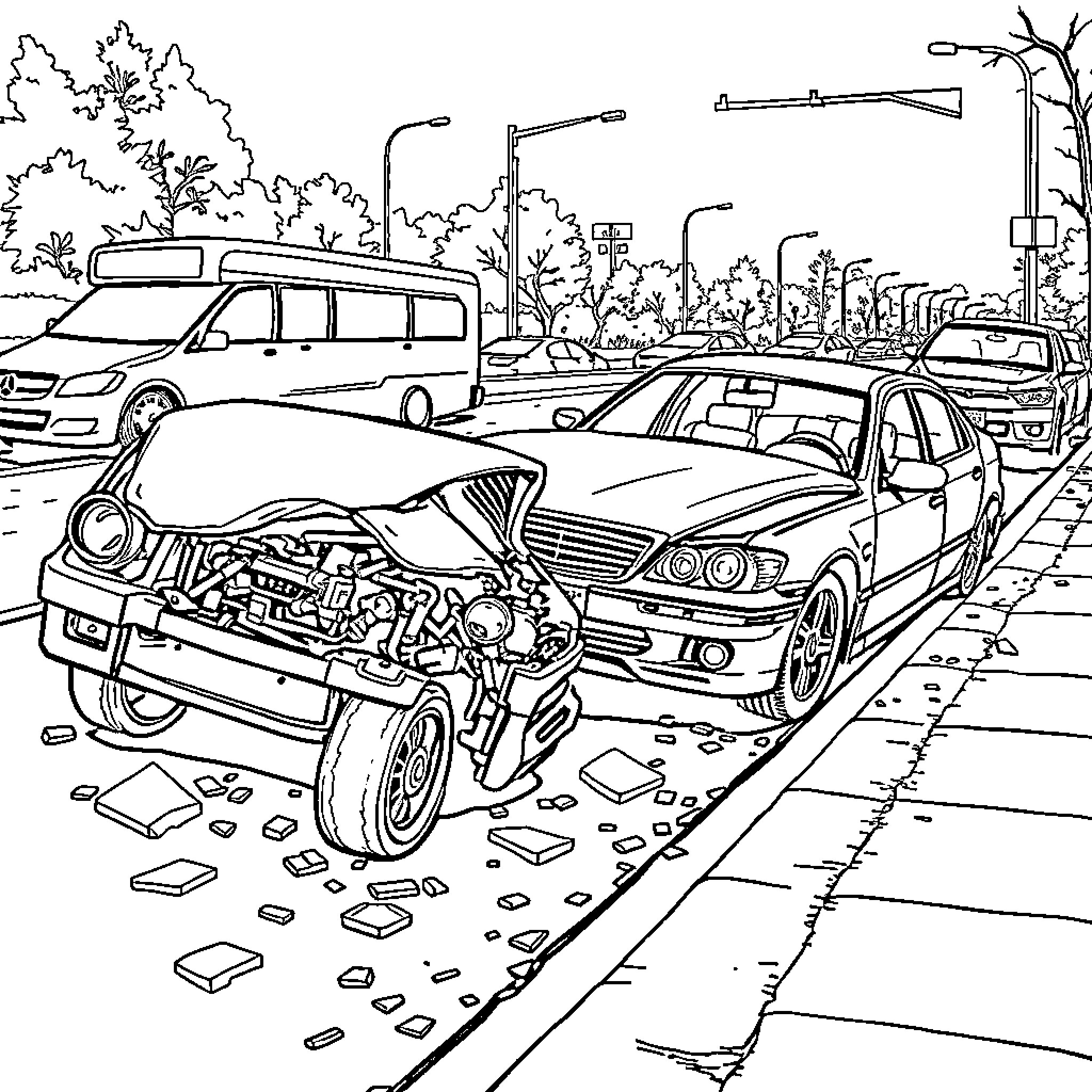 Car Crash on the Street Beside Parked Vehicles Coloring Page (free black-and-white line drawing printable PDF for all, from beginners to advanced learners, including children, teens, adults, and seniors)