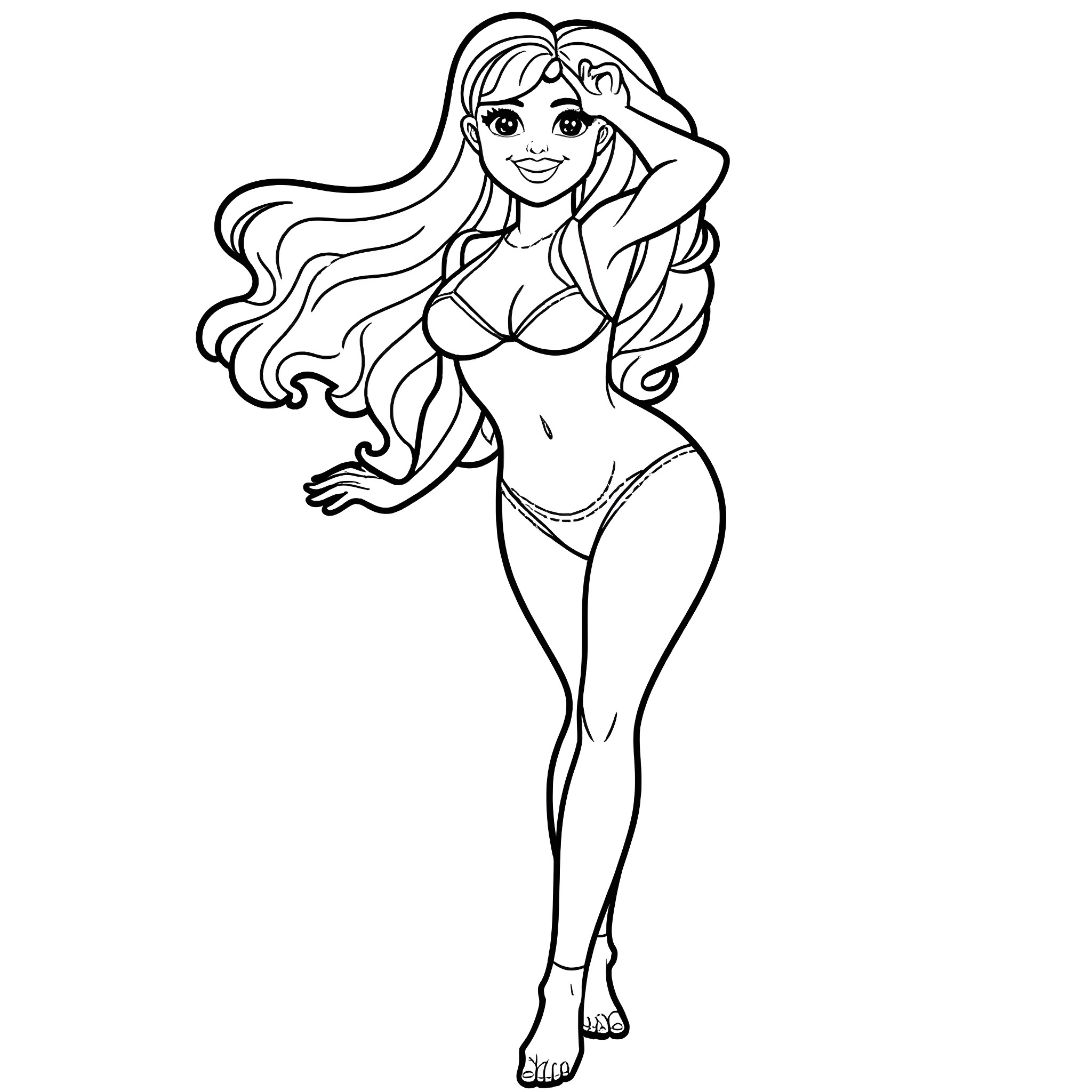Rainbow Brite posing in bikini Coloring Page (free black-and-white line drawing printable PDF for all, from beginners to advanced learners, including children, teens, adults, and seniors)