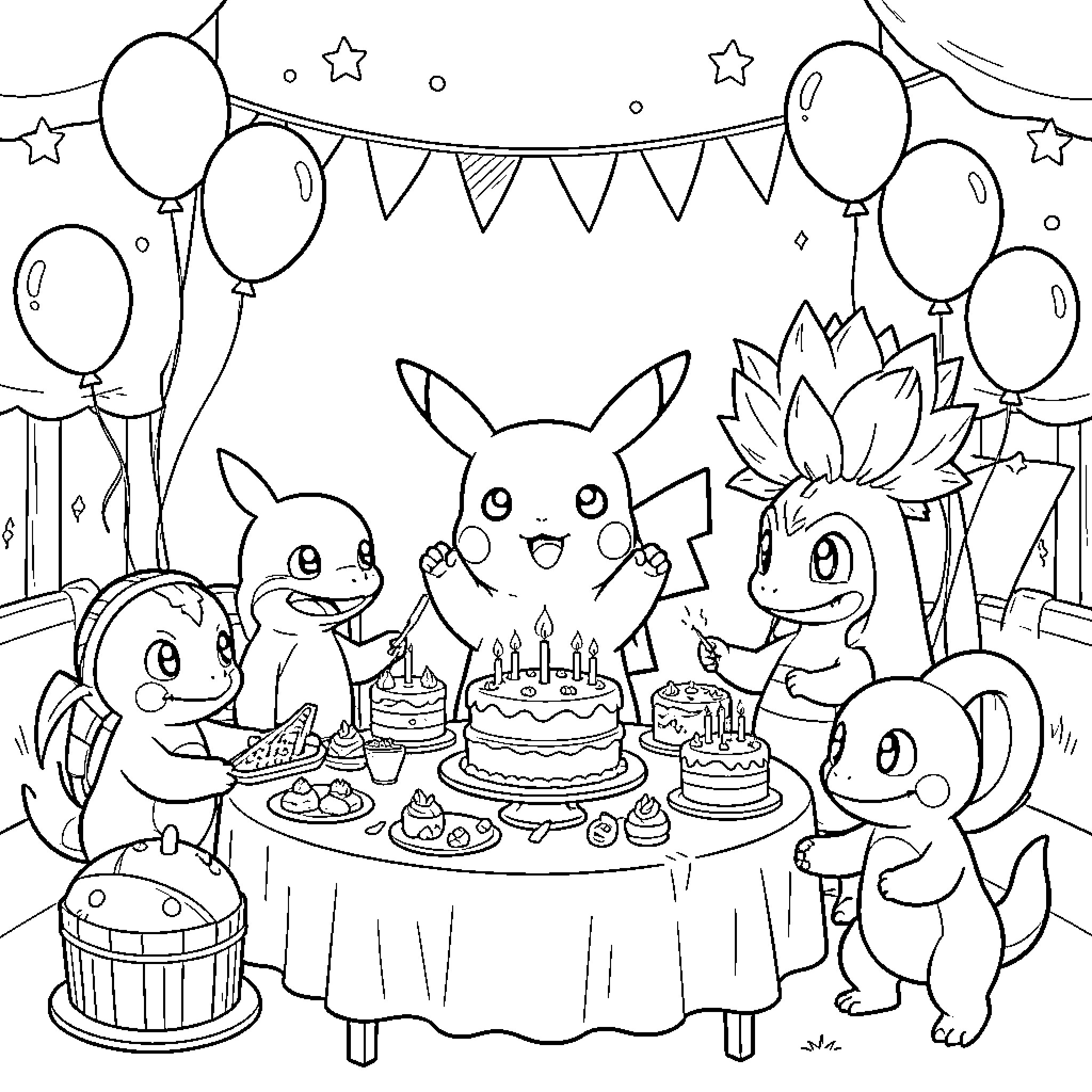 Pikachu celebrating a birthday party with friends Coloring Page (free black-and-white line drawing printable PDF for all, from beginners to advanced learners, including children, teens, adults, and seniors)