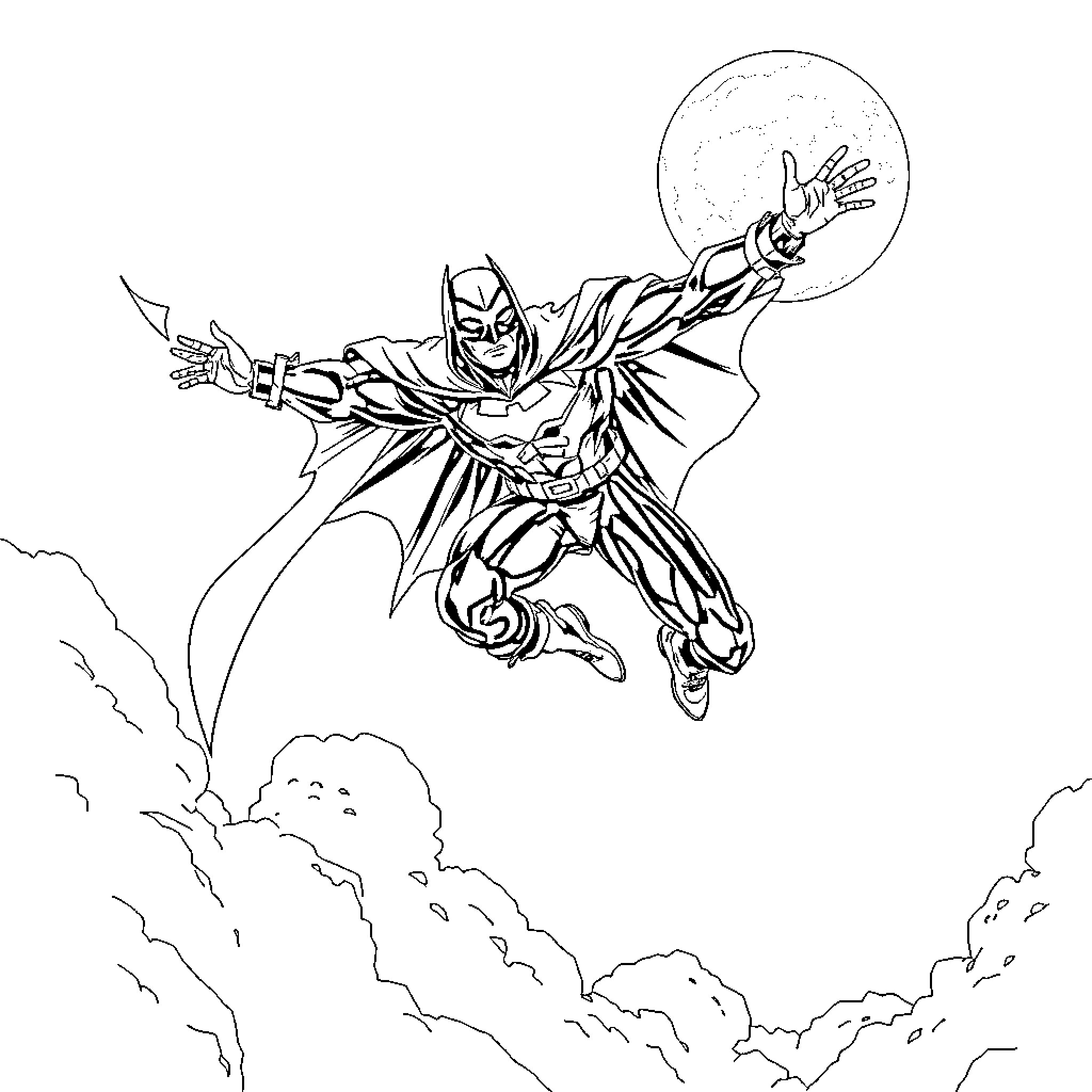 Moon Knight swinging in action with cosmic energy Coloring Page (free black-and-white line drawing printable PDF for all, from beginners to advanced learners, including children, teens, adults, and seniors)