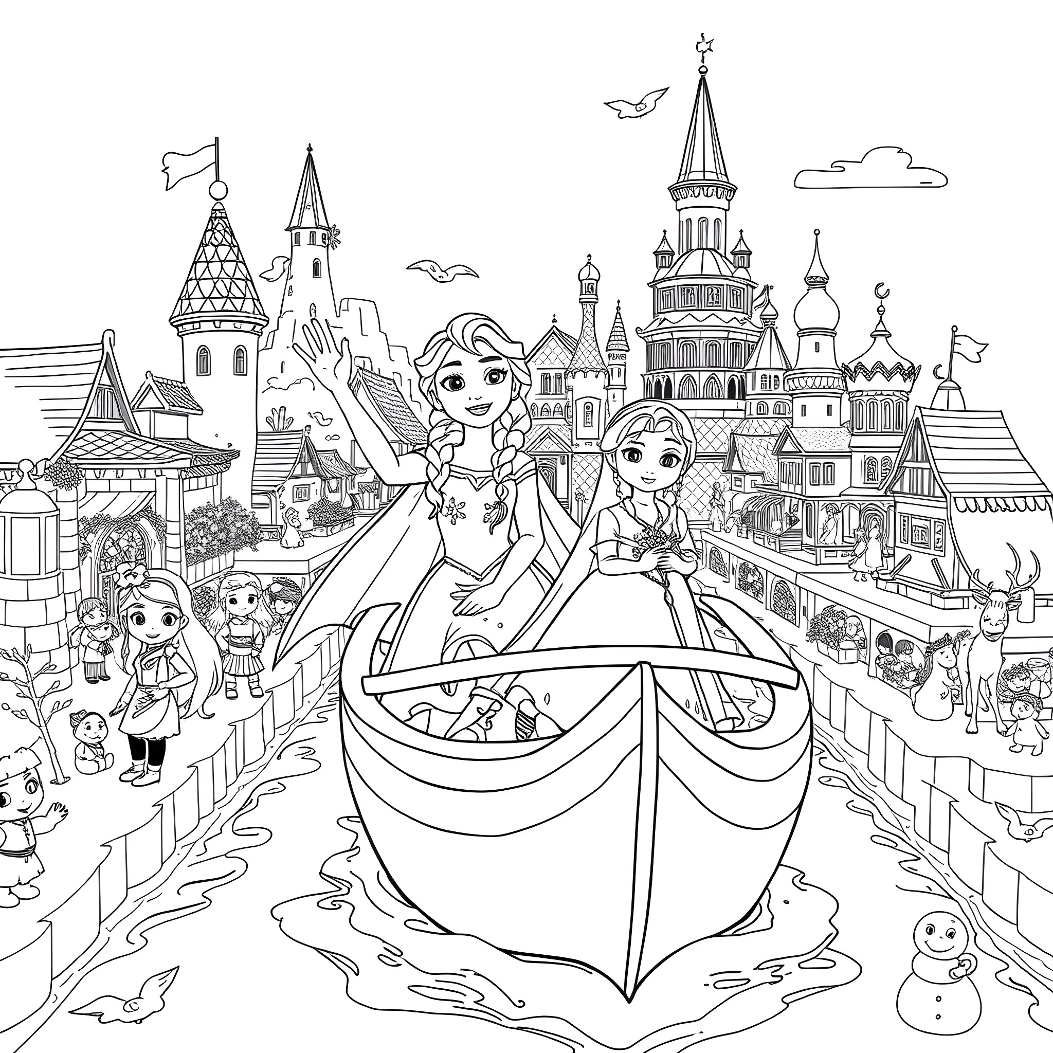 Elsa and friends embark on a magical winter adventure Coloring Page (free black-and-white line drawing printable PDF for all, from beginners to advanced learners, including children, teens, adults, and seniors)