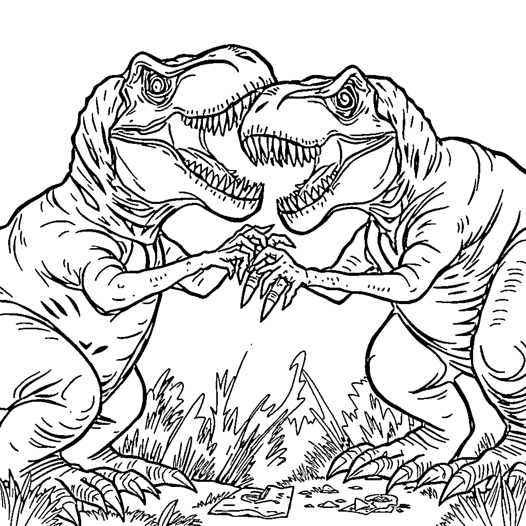 T-Rex Terrifying Duo Encounter in the Wild Coloring Page (free black-and-white line drawing printable PDF for all, from beginners to advanced learners, including children, teens, adults, and seniors)