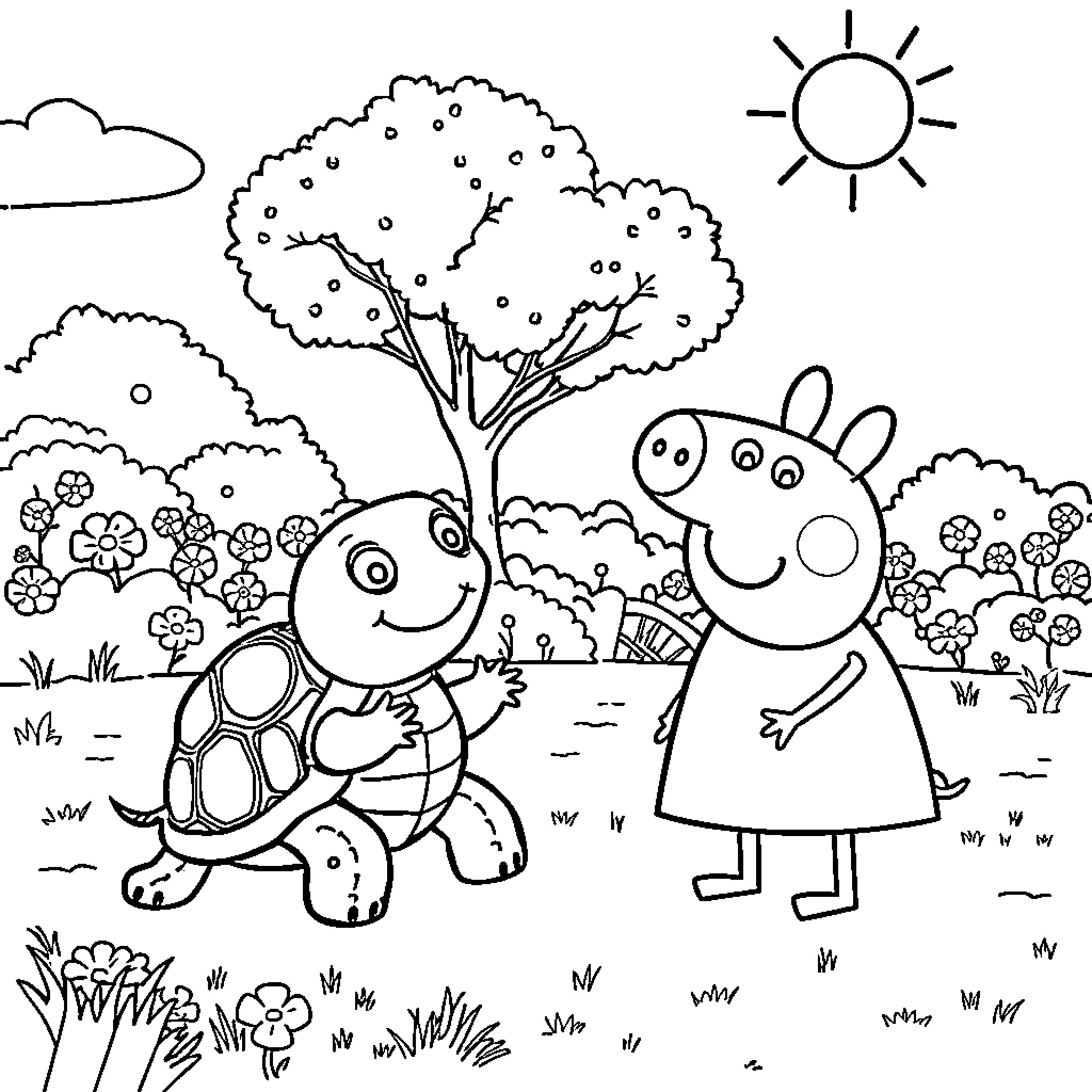 Tchoupi and Peppa Pig explore the sunny outdoors Coloring Page (free black-and-white line drawing printable PDF for all, from beginners to advanced learners, including children, teens, adults, and seniors)