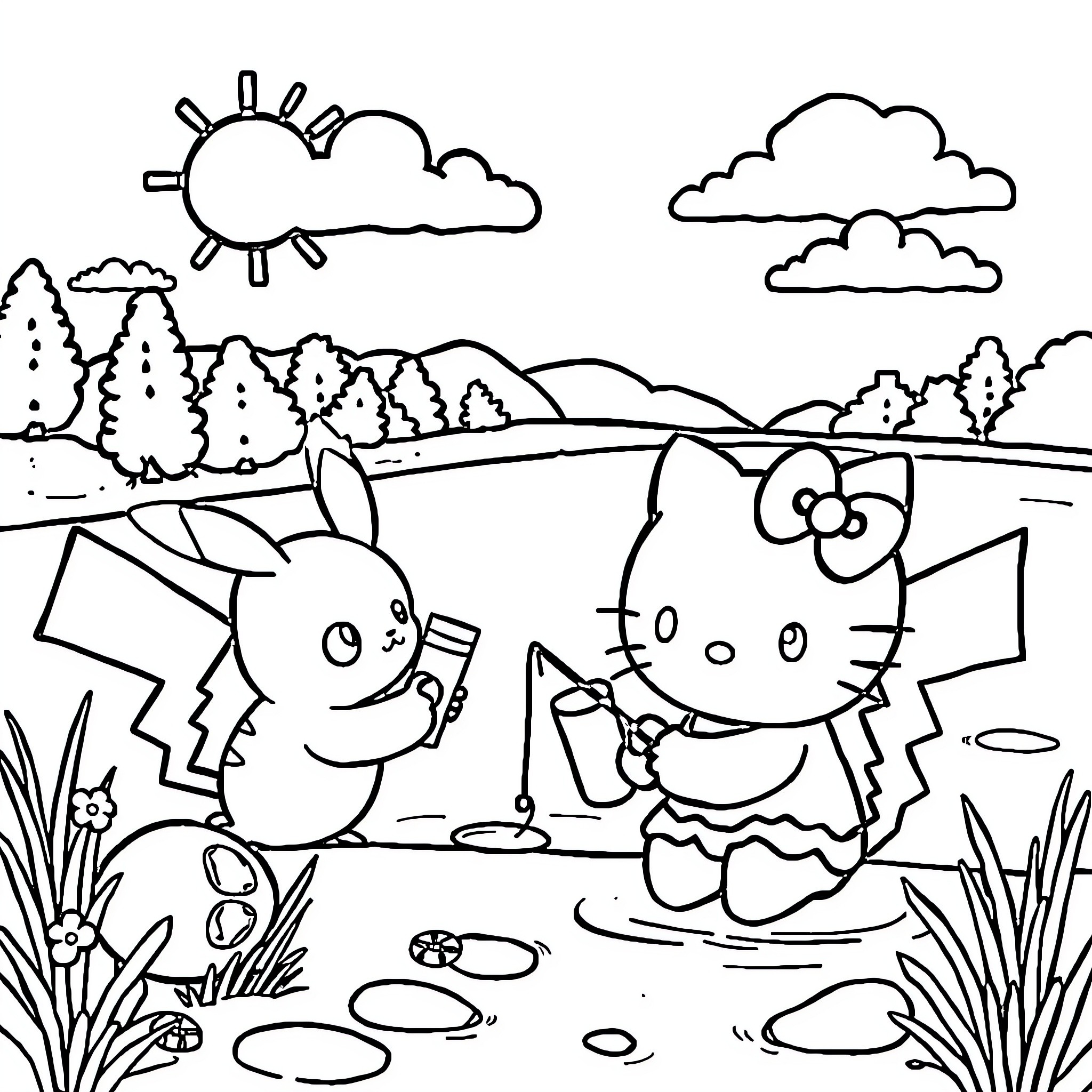 Hello Kitty's Outdoor Adventure with Pikachu Coloring Page (free black-and-white line drawing printable PDF for all, from beginners to advanced learners, including children, teens, adults, and seniors)