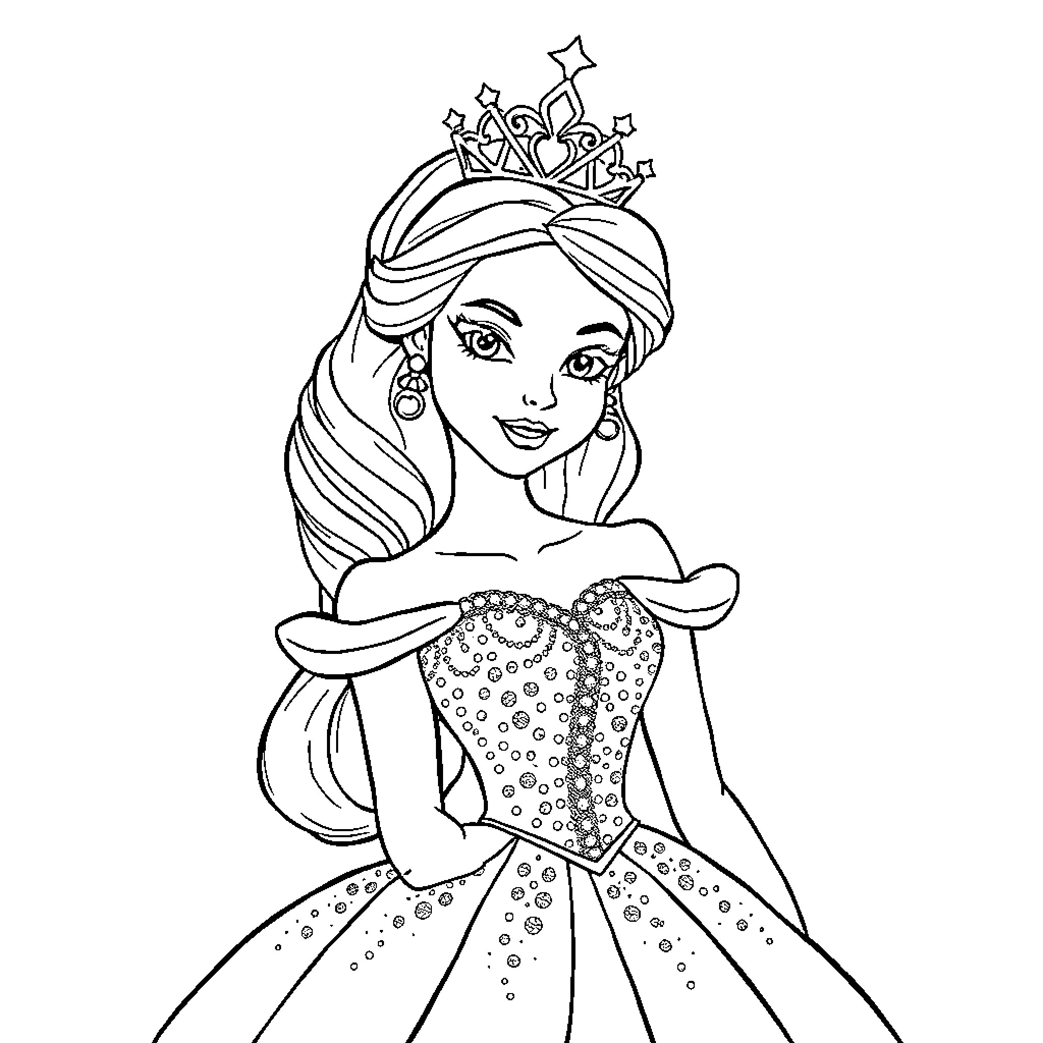 Princess adorned with crown and sparkling dress Coloring Page (free black-and-white line drawing printable PDF for all, from beginners to advanced learners, including children, teens, adults, and seniors)