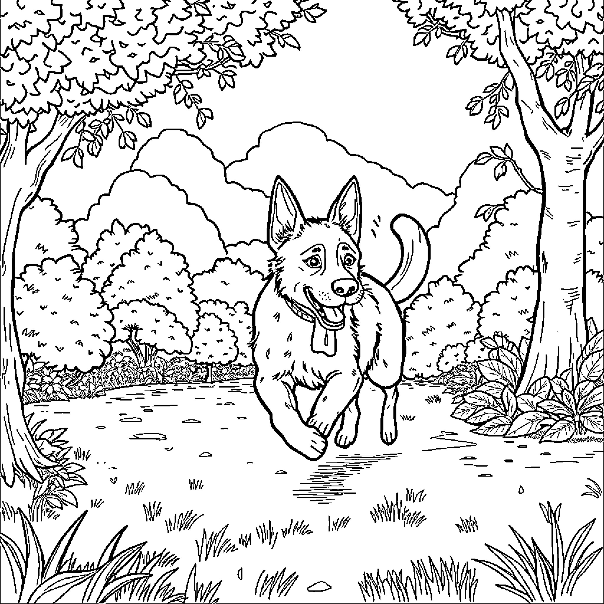Dog running happily in a forest landscape Coloring Page (free black-and-white line drawing printable PDF for all, from beginners to advanced learners, including children, teens, adults, and seniors)