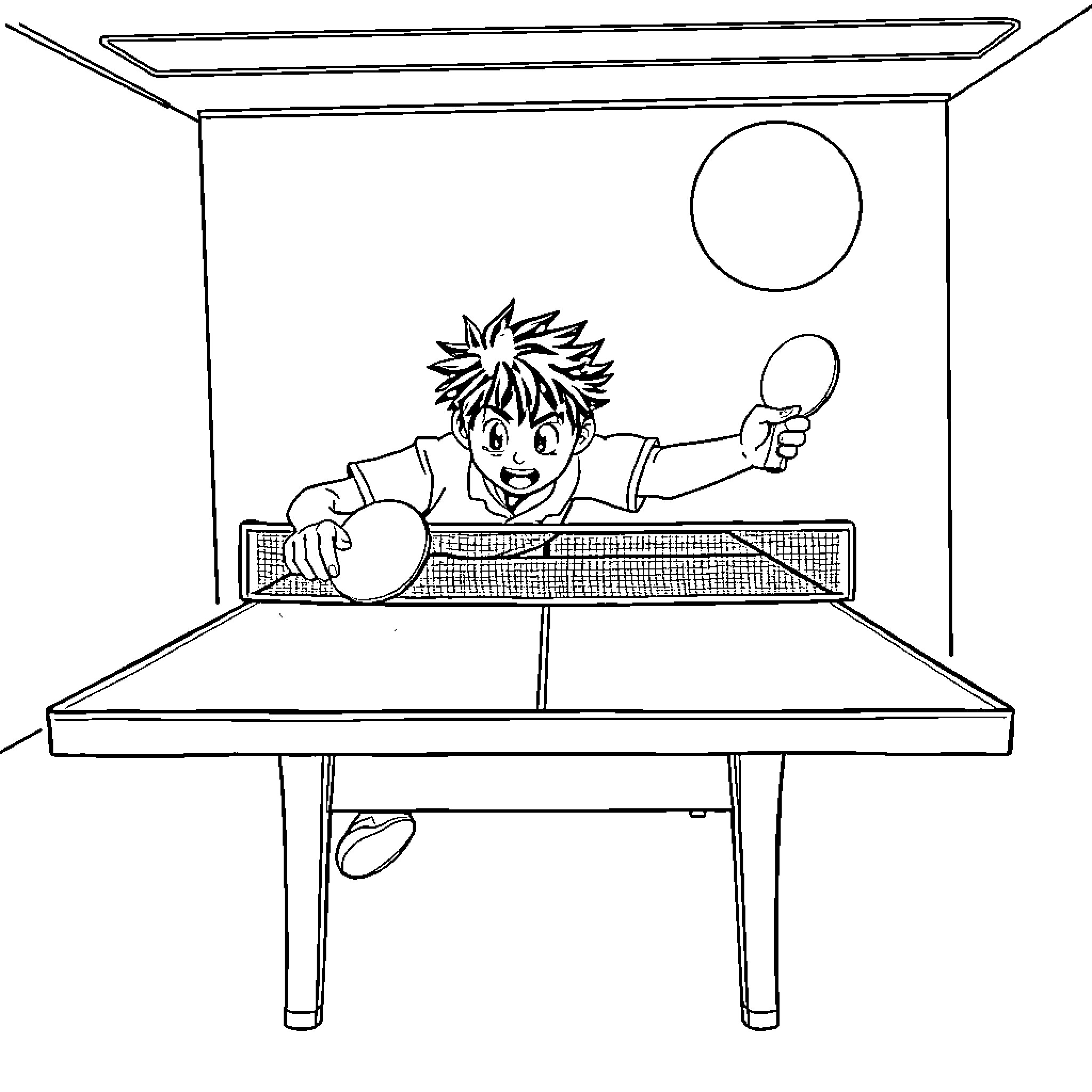 Tanjiro playing table tennis in a room Coloring Page (free black-and-white line drawing printable PDF for all, from beginners to advanced learners, including children, teens, adults, and seniors)