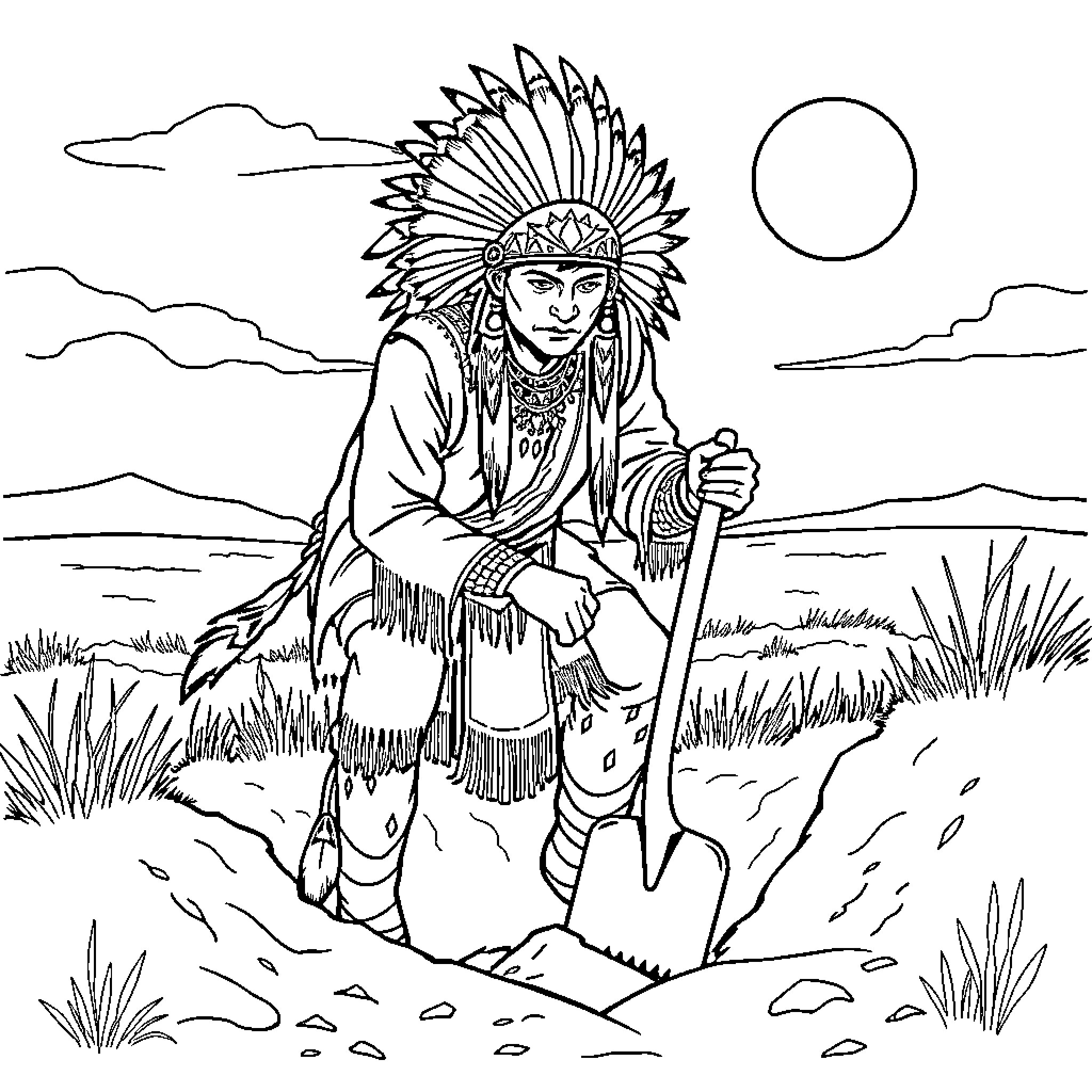 Indian Chief Standing Tall in the Wilderness Coloring Page (free black-and-white line drawing printable PDF for all, from beginners to advanced learners, including children, teens, adults, and seniors)