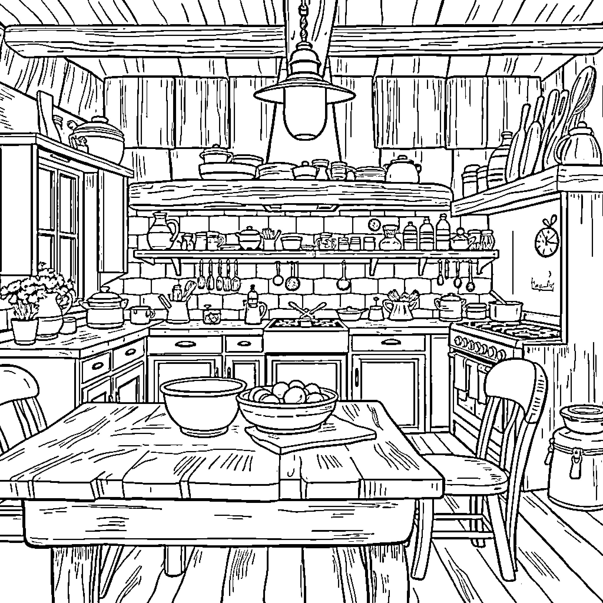 Kitchen with Cluttered Cooking Supplies and Utensils Coloring Page (free black-and-white line drawing printable PDF for all, from beginners to advanced learners, including children, teens, adults, and seniors)