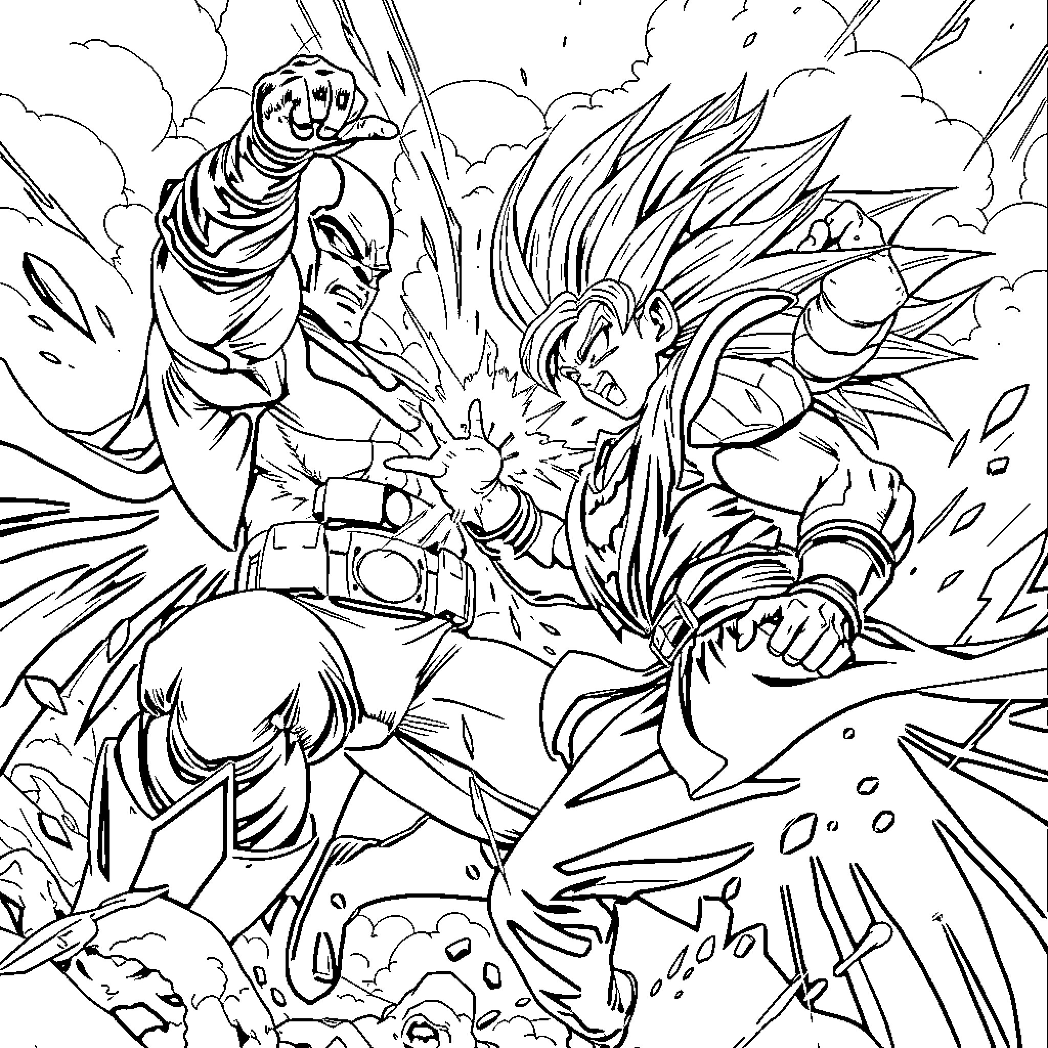 Batman fighting with a powerful warrior in an intense battle Coloring Page (free black-and-white line drawing printable PDF for all, from beginners to advanced learners, including children, teens, adults, and seniors)
